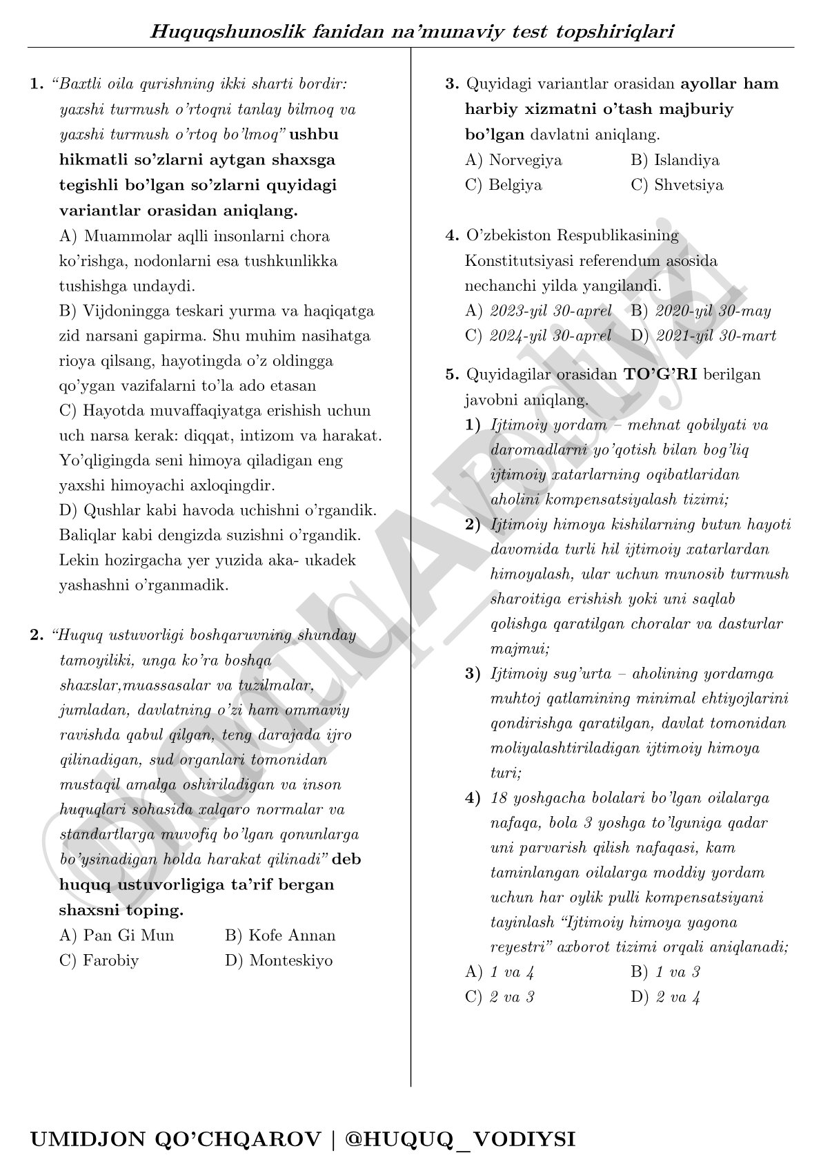 Huquqshunoslik fanidan na'munaviy test topshiriqlari