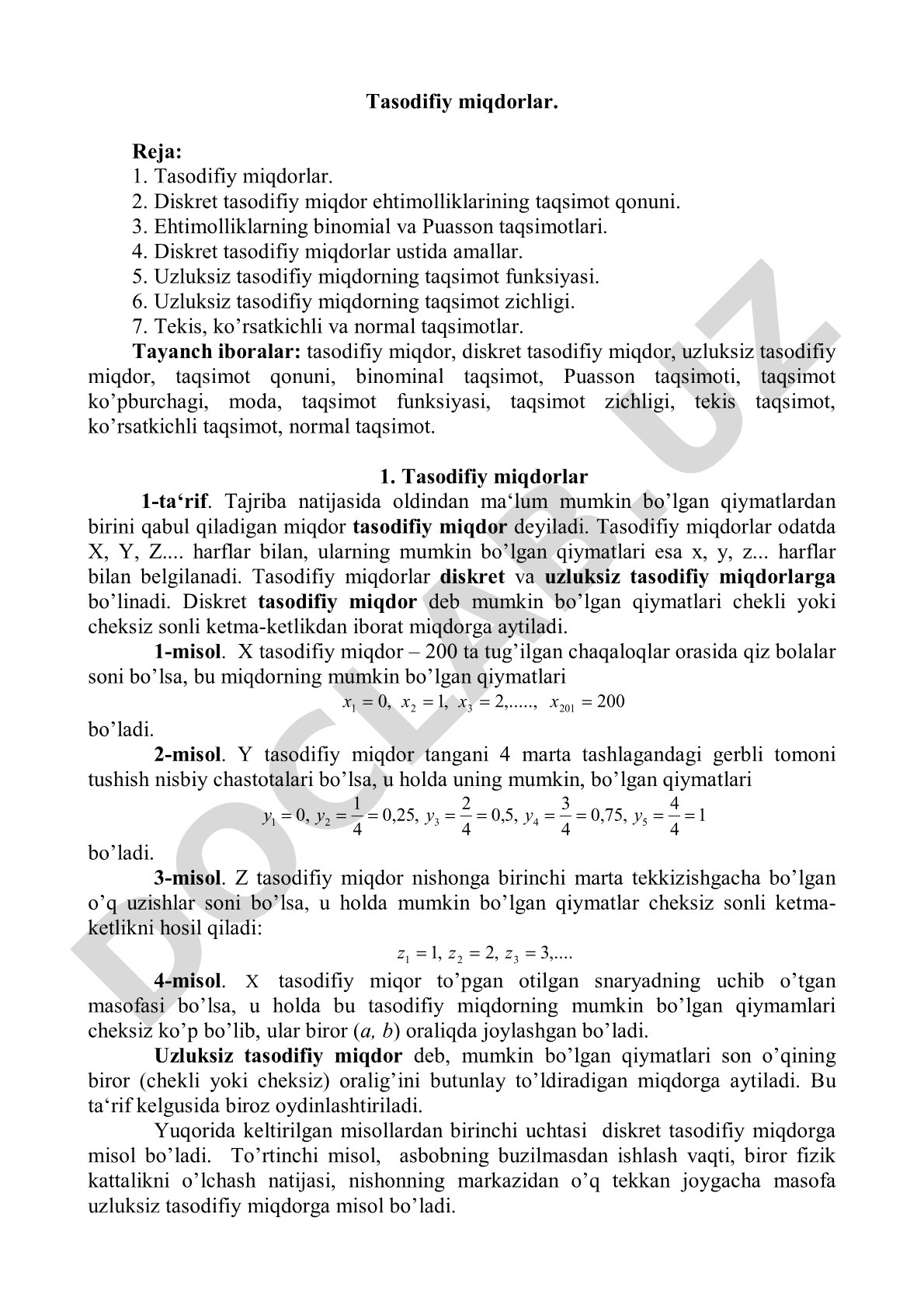 Tasodifiy miqdorlar va ularning taqsimot qonunlari