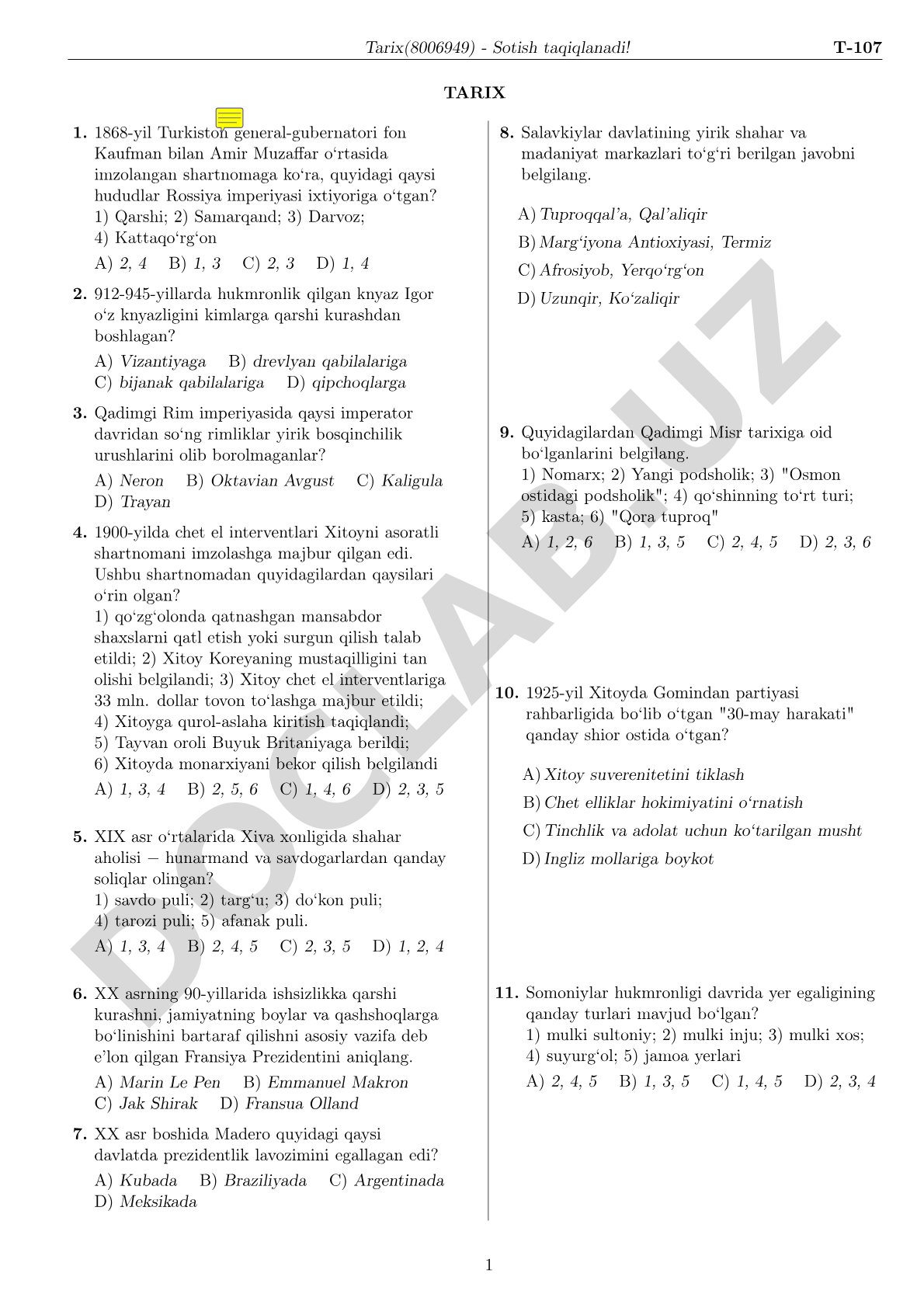 Tarix fanidan test savollari