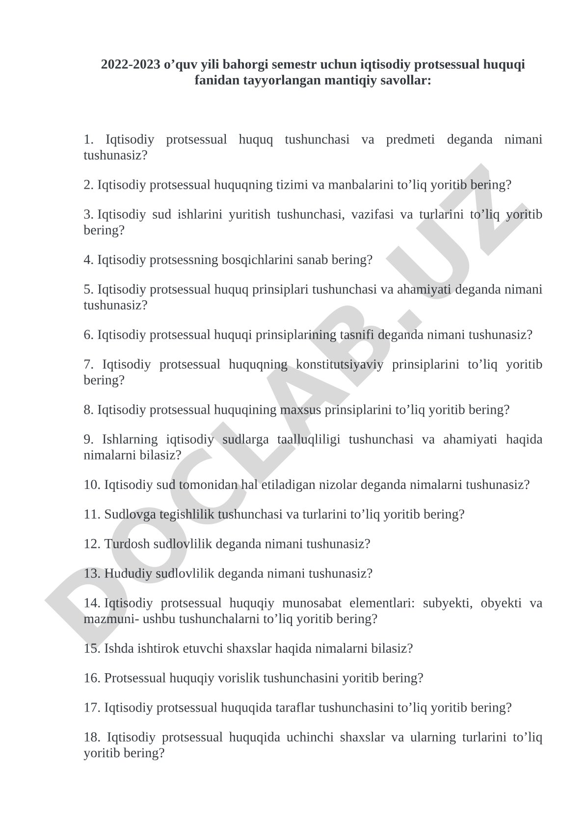 Iqtisodiy protsessual huquqi fanidan mantiqiy savollar