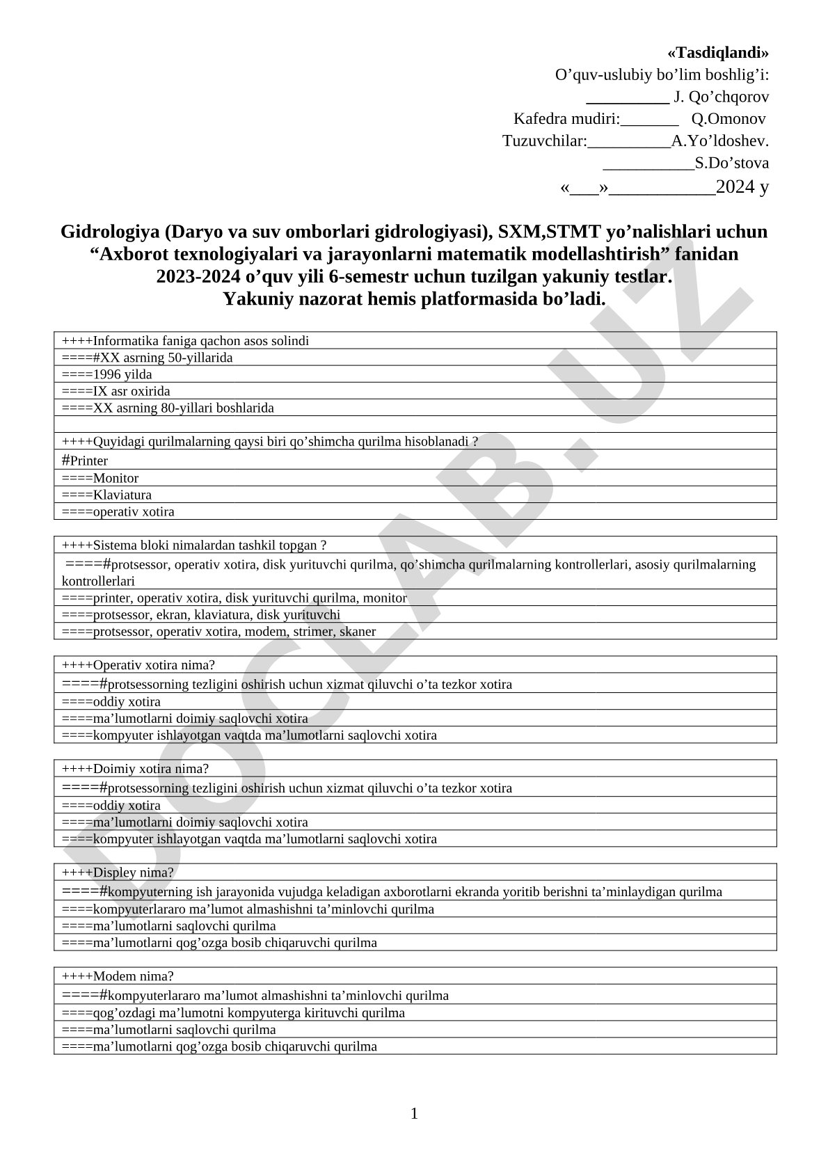 Axborot texnologiyalari va jarayonlarni matematik modellashtirish fanidan yakuniy testlar