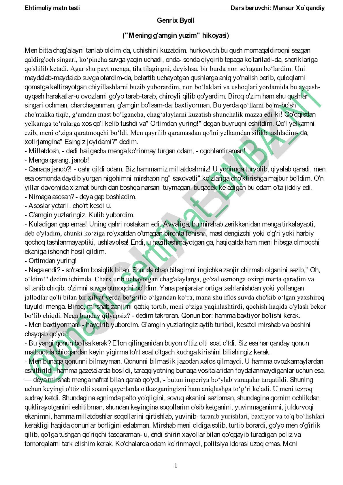 Genrix Byollning "Mening g'amgin yuzim" hikoyasi tahlili