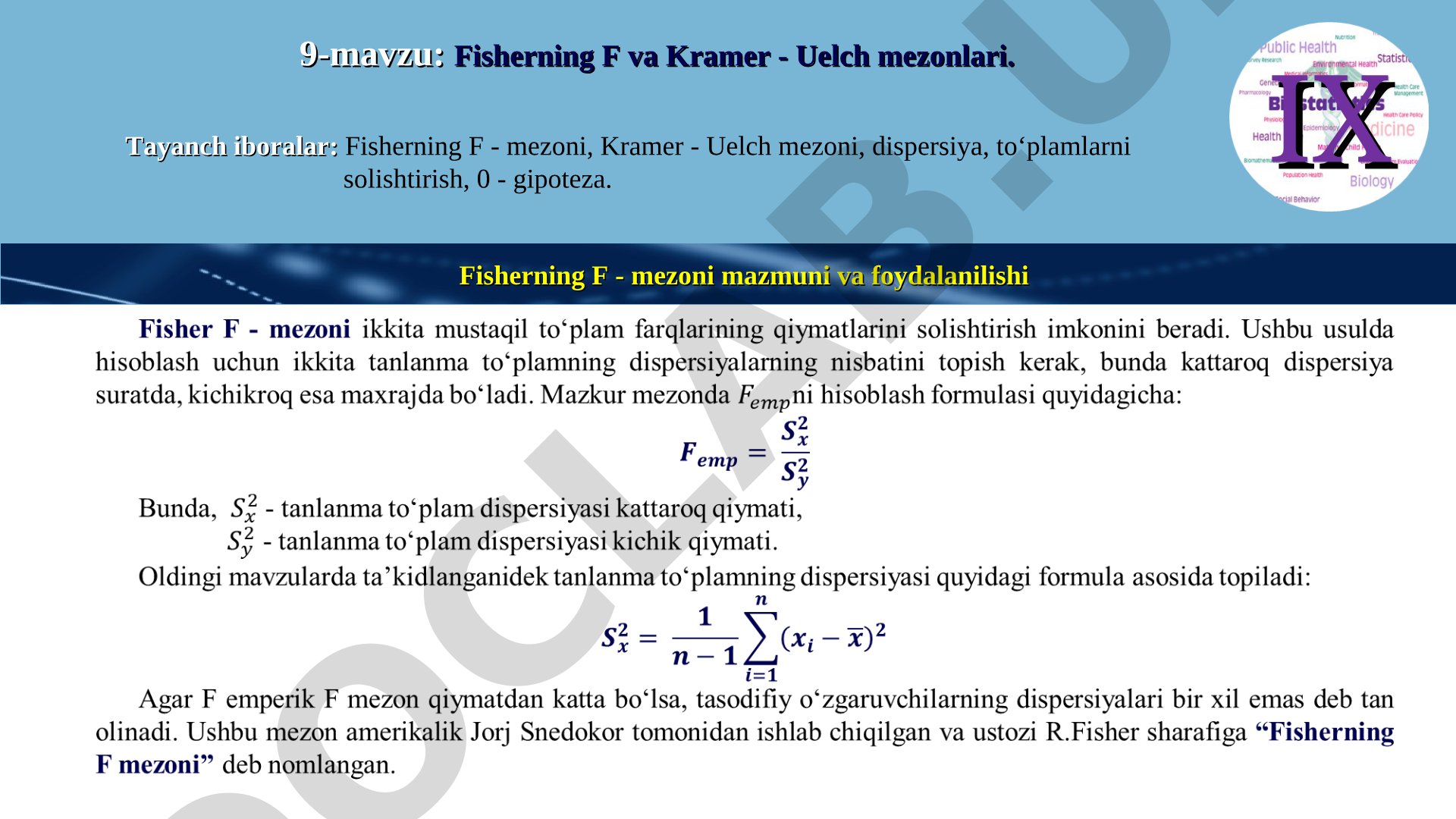 Fisherning F va Kramer - Uelch mezonlari