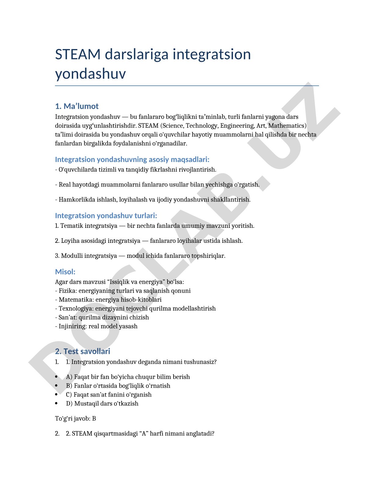 STEAM darslariga integratsion yondashuv