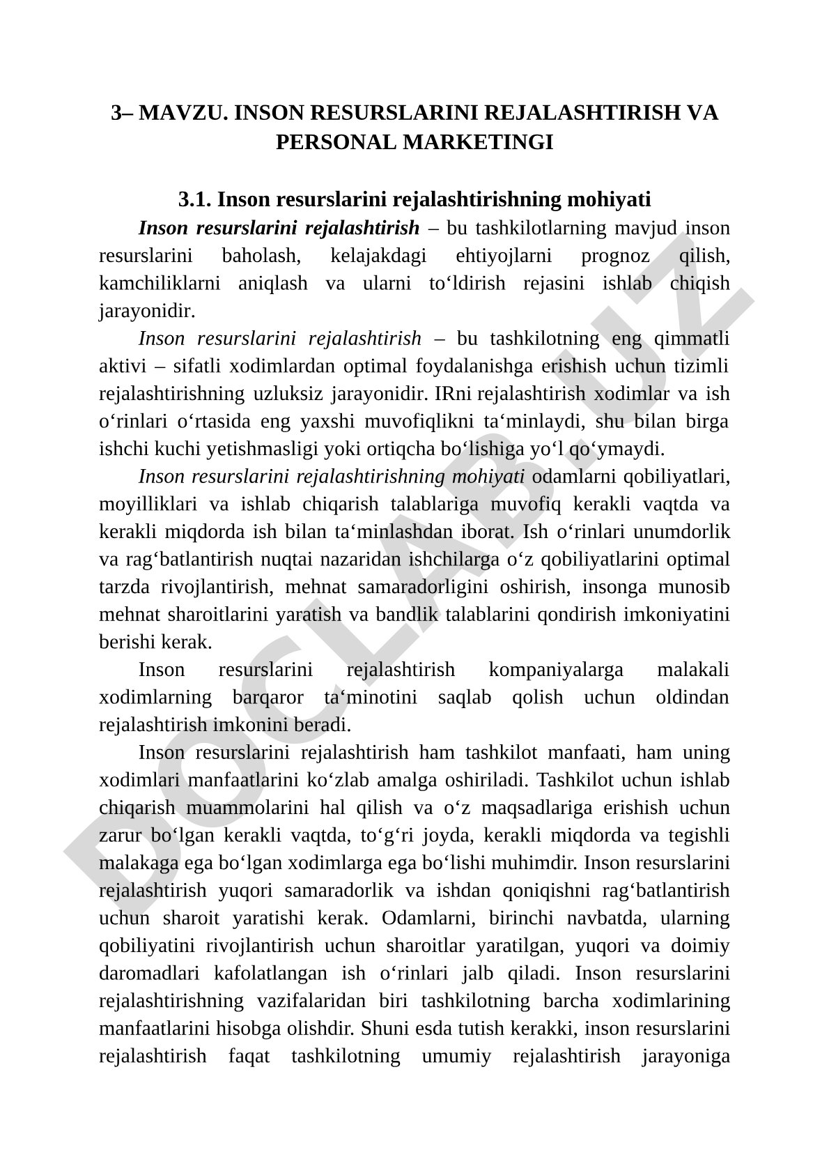 Inson resurslarini rejalashtirish va personal marketingi