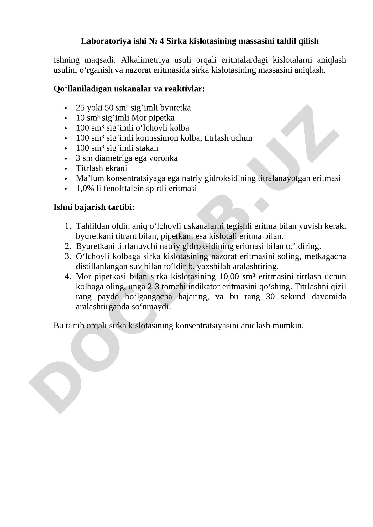 Laboratoriya ishi № 4 Sirka kislotasining massasini tahlil qilish