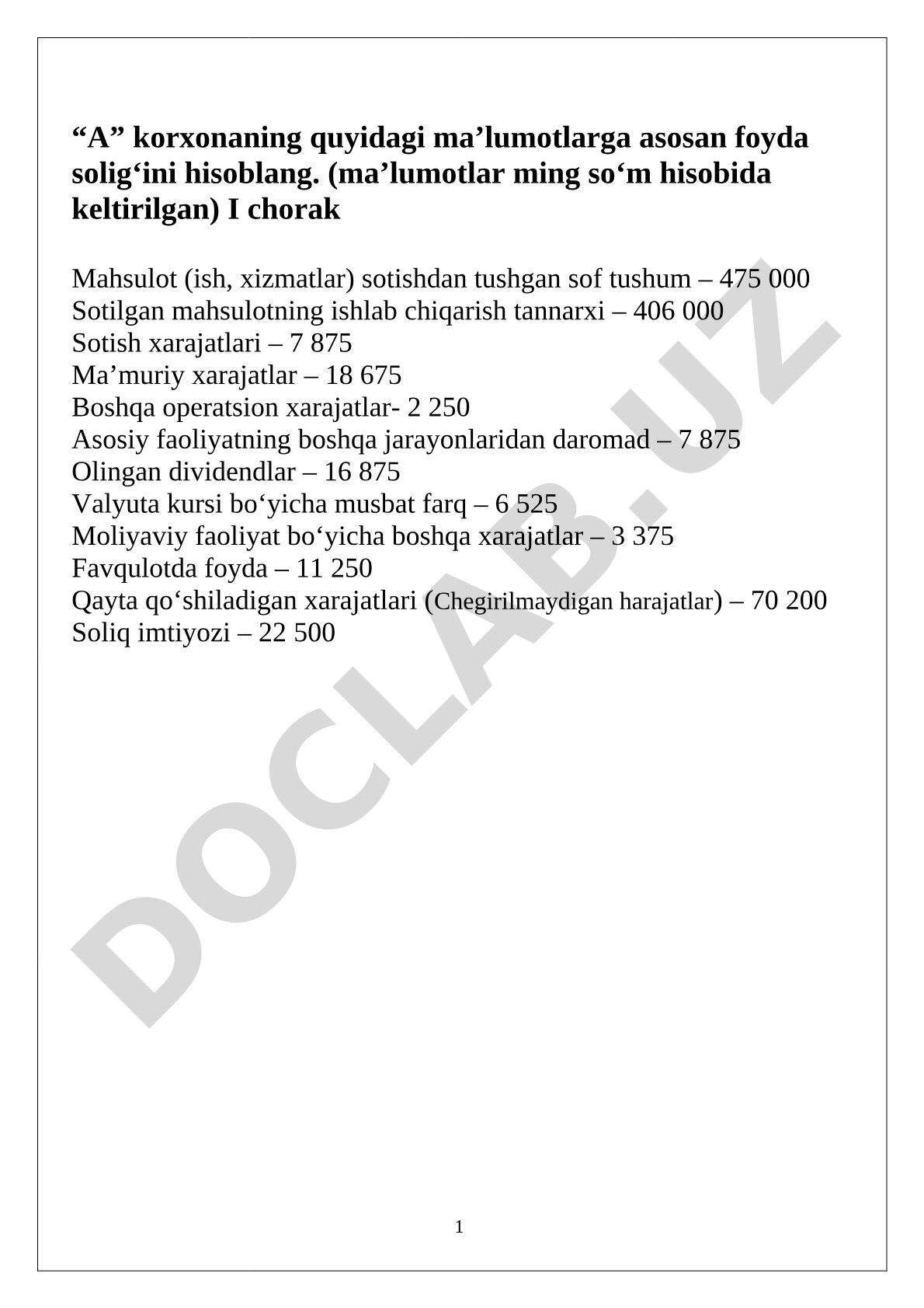 'A' korxonasida foyda solig'ini hisoblash