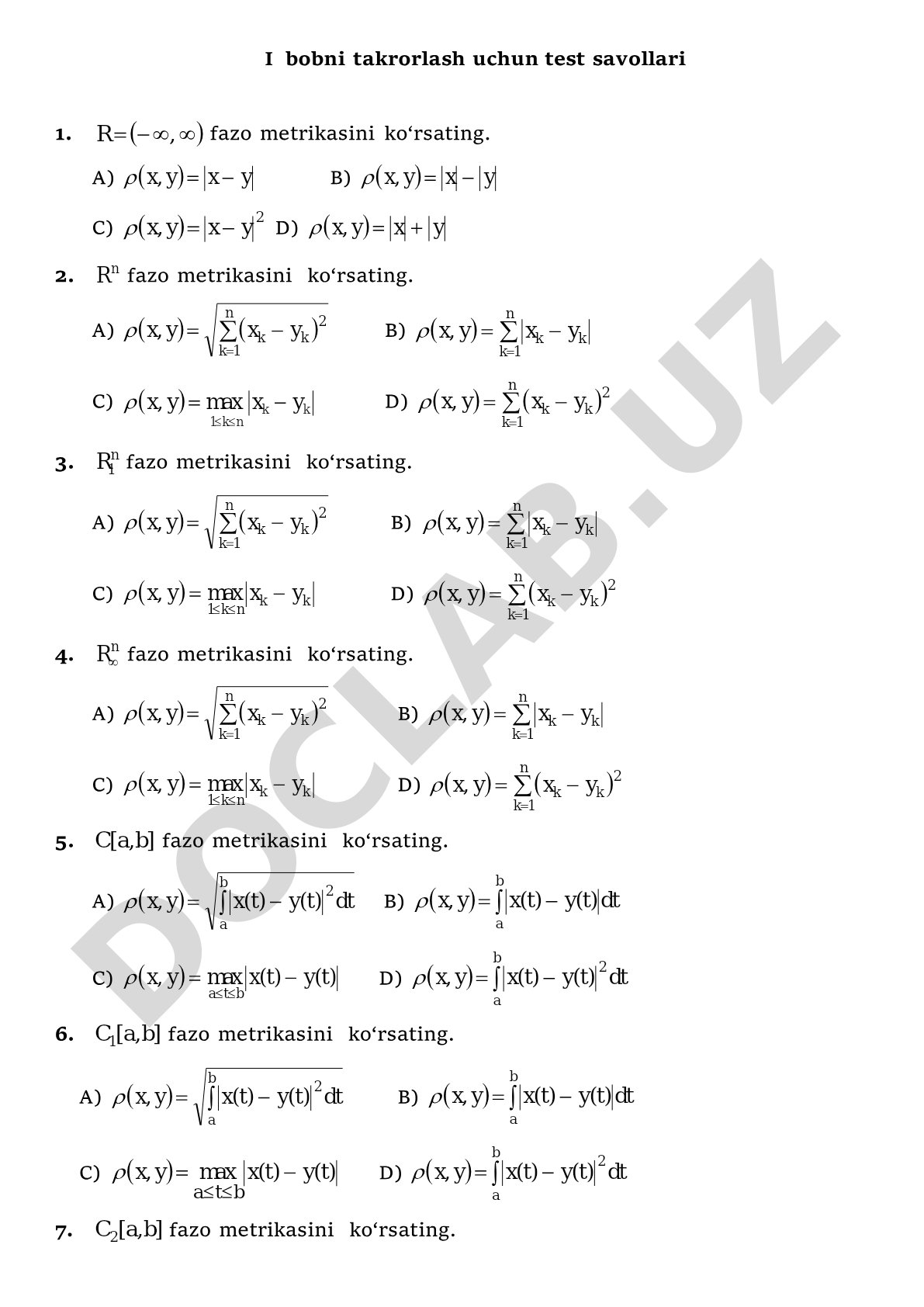 I bobni takrorlash uchun test savollari