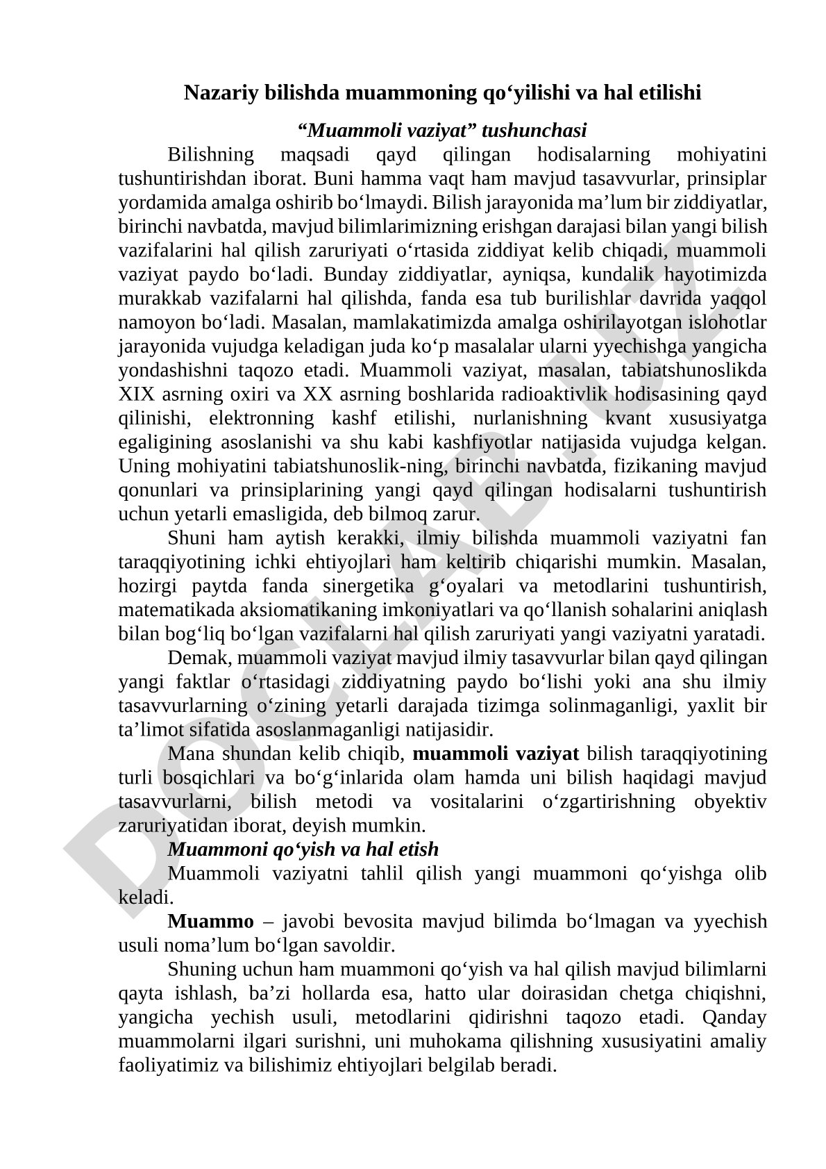 Muammoli vaziyat tushunchasi va bilish jarayonidagi ziddiyatlar