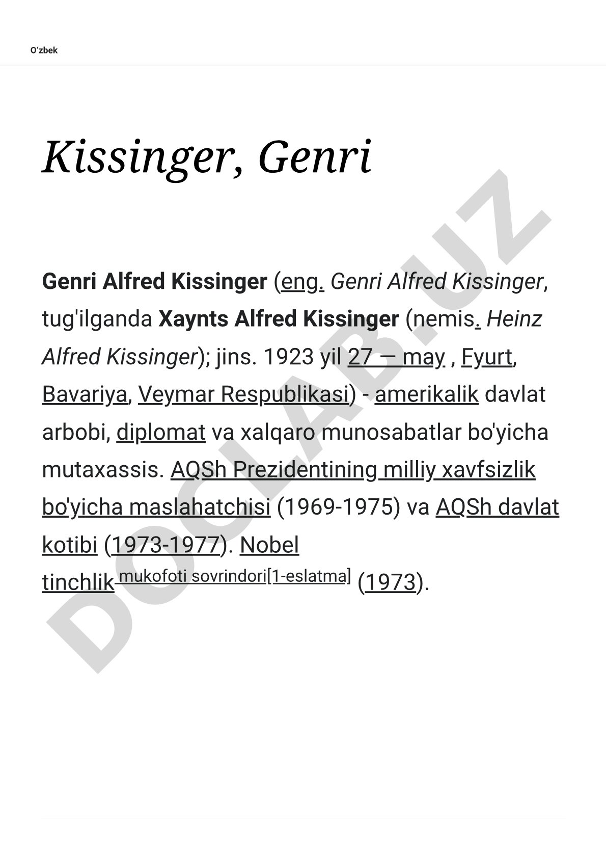 Amerikalik davlat arbobi Genri Kissinger haqida biografik ma'lumot