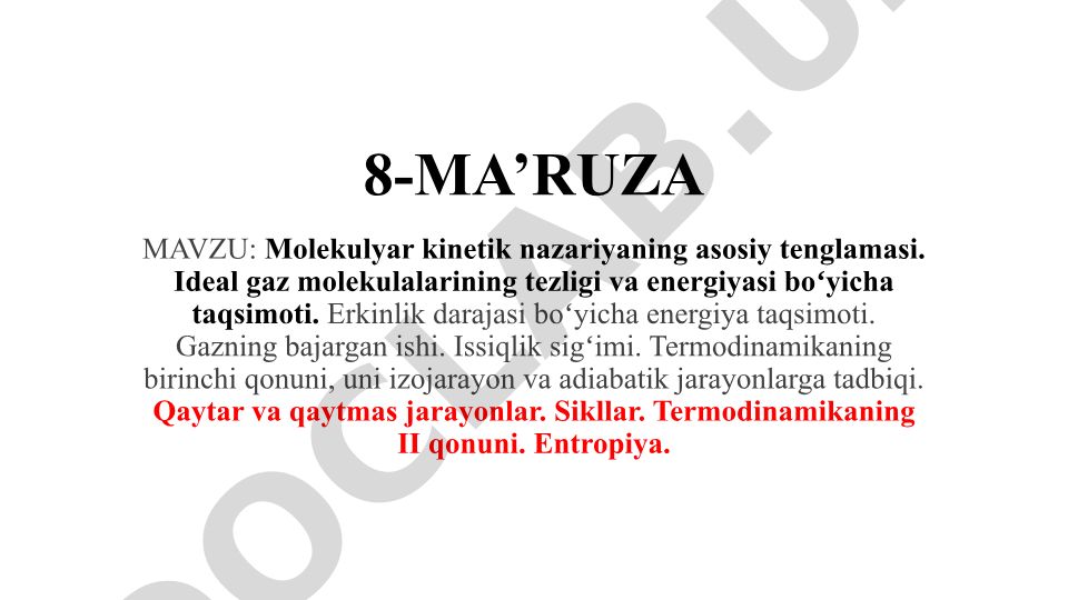 Molekulyar kinetik nazariyaning asosiy tenglamasi va termodinamika qonunlari