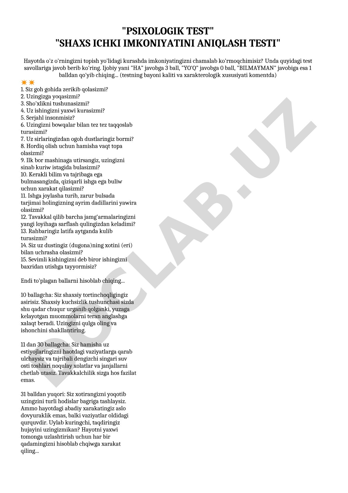 Shaxs ichki imkoniyatini aniqlash testi