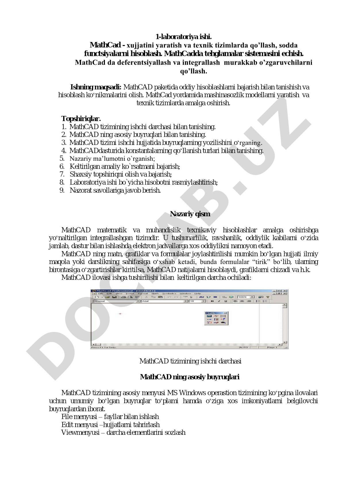 MathCad hujjatini yaratish va texnik tizimlarda qo'llash