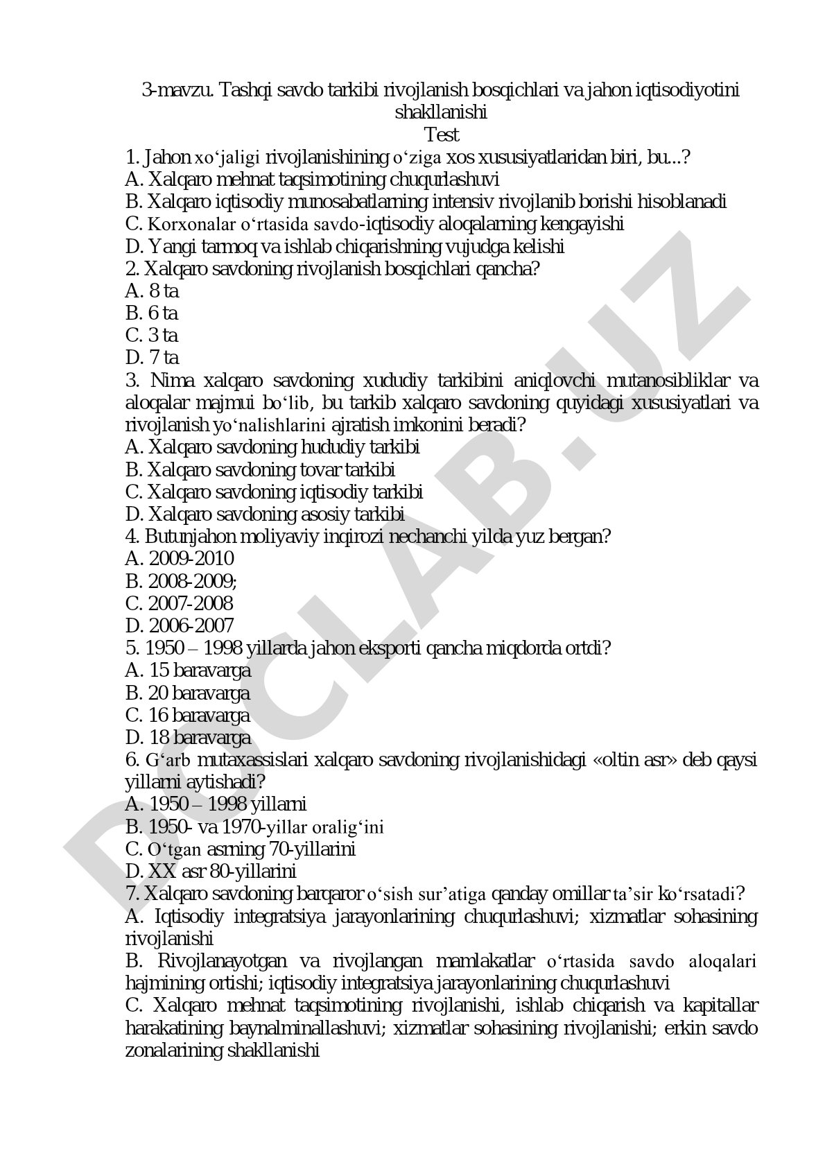 3-mavzu. Tashqi savdo tarkibi rivojlanish bosqichlari va jahon iqtisodiyotini shakllanishi