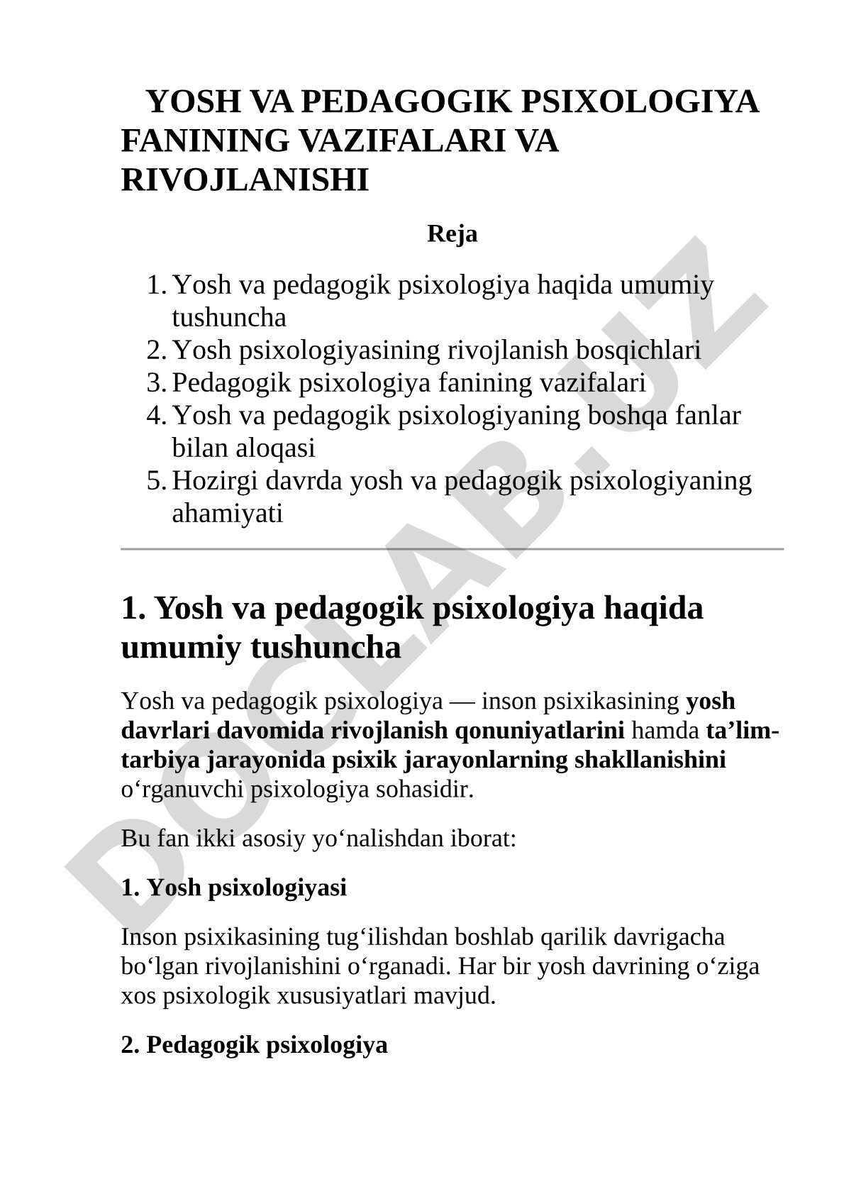 Yosh va pedagogik psixologiya fanining vazifalari va rivojlanishi