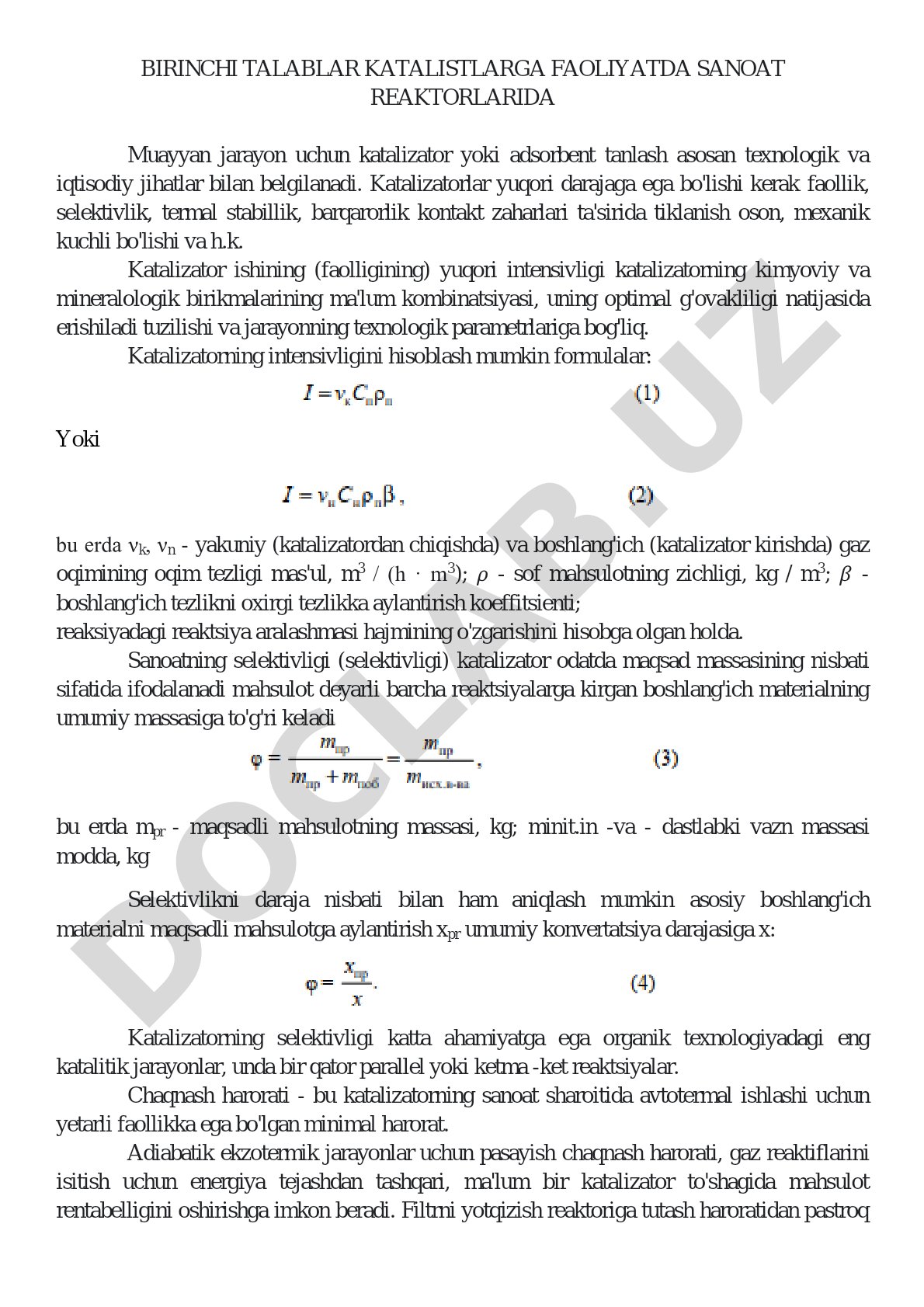 Sanoat reaktorlarida katalizator va adsorbent tanlash talablari
