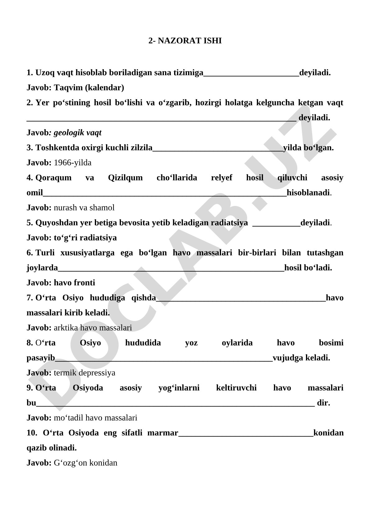 Geografiya va astronomiya fanidan nazorat ishi