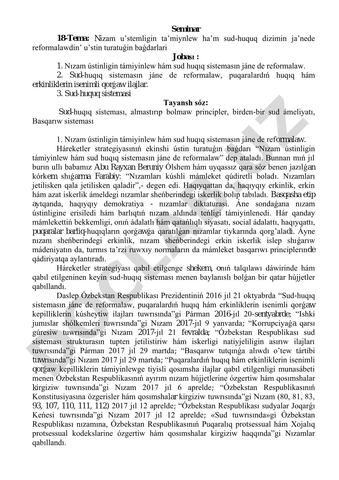 Nizam u’stemligin ta’miynlew ha’m sud-huquq dizimin ja’nede reformalawdin’ u’stin turatuǵin baǵdarları