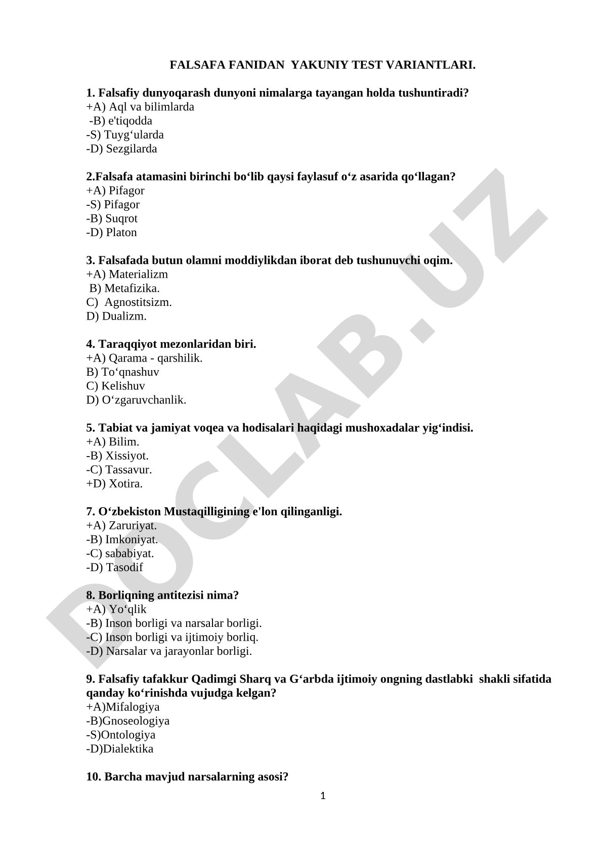 Falsafa fanidan yakuniy test variantlari