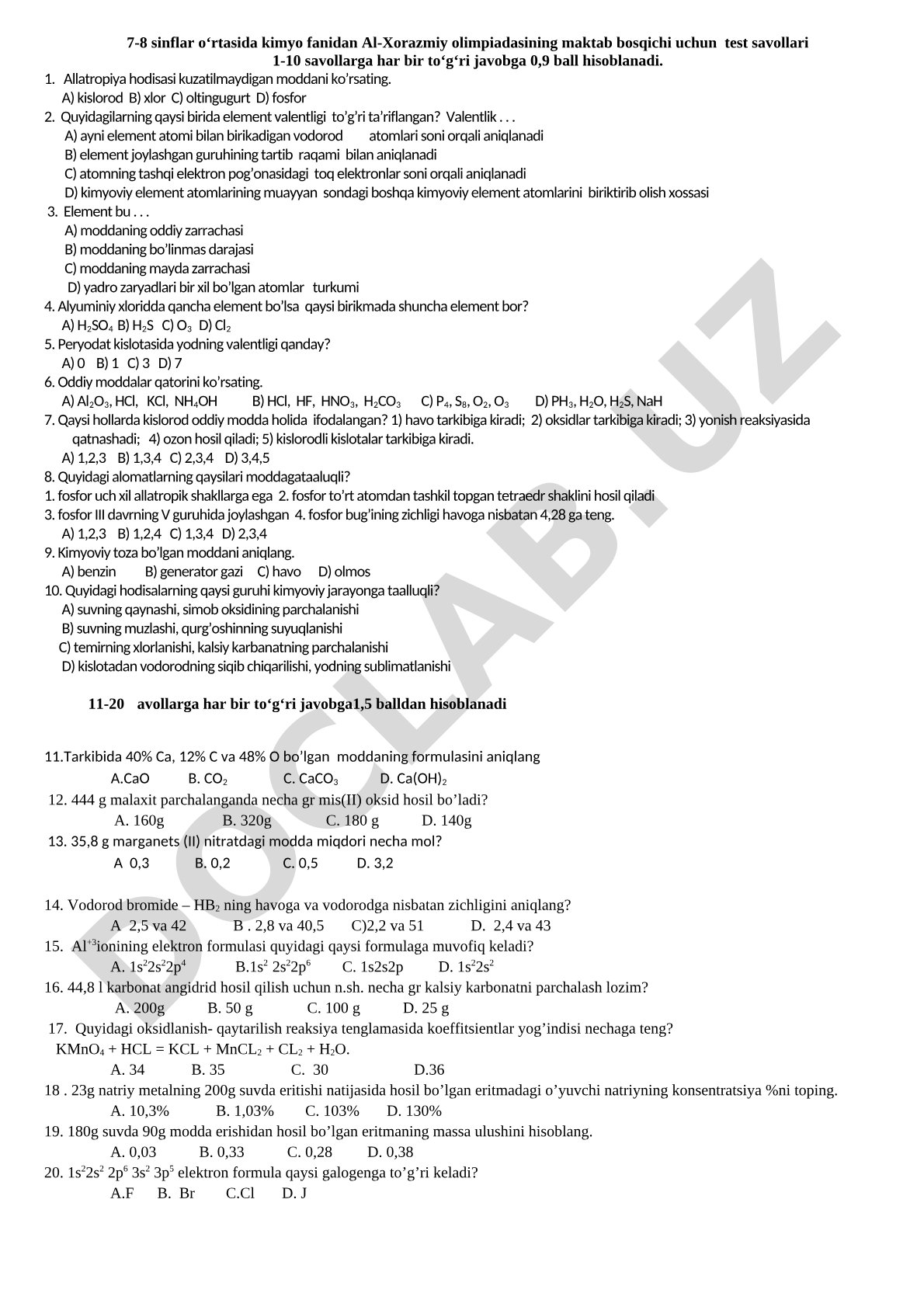 7-8 sinflar oʻrtasida kimyo fanidan Al-Xorazmiy olimpiadasining maktab bosqichi uchun test savollari