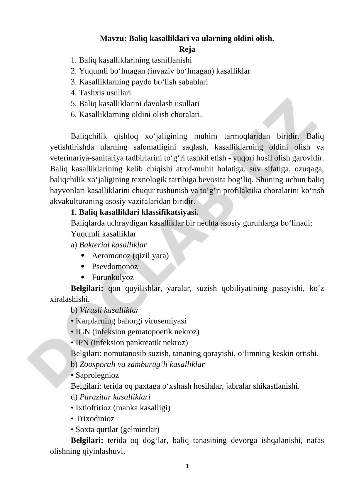 Baliq kasalliklari va ularning oldini olish