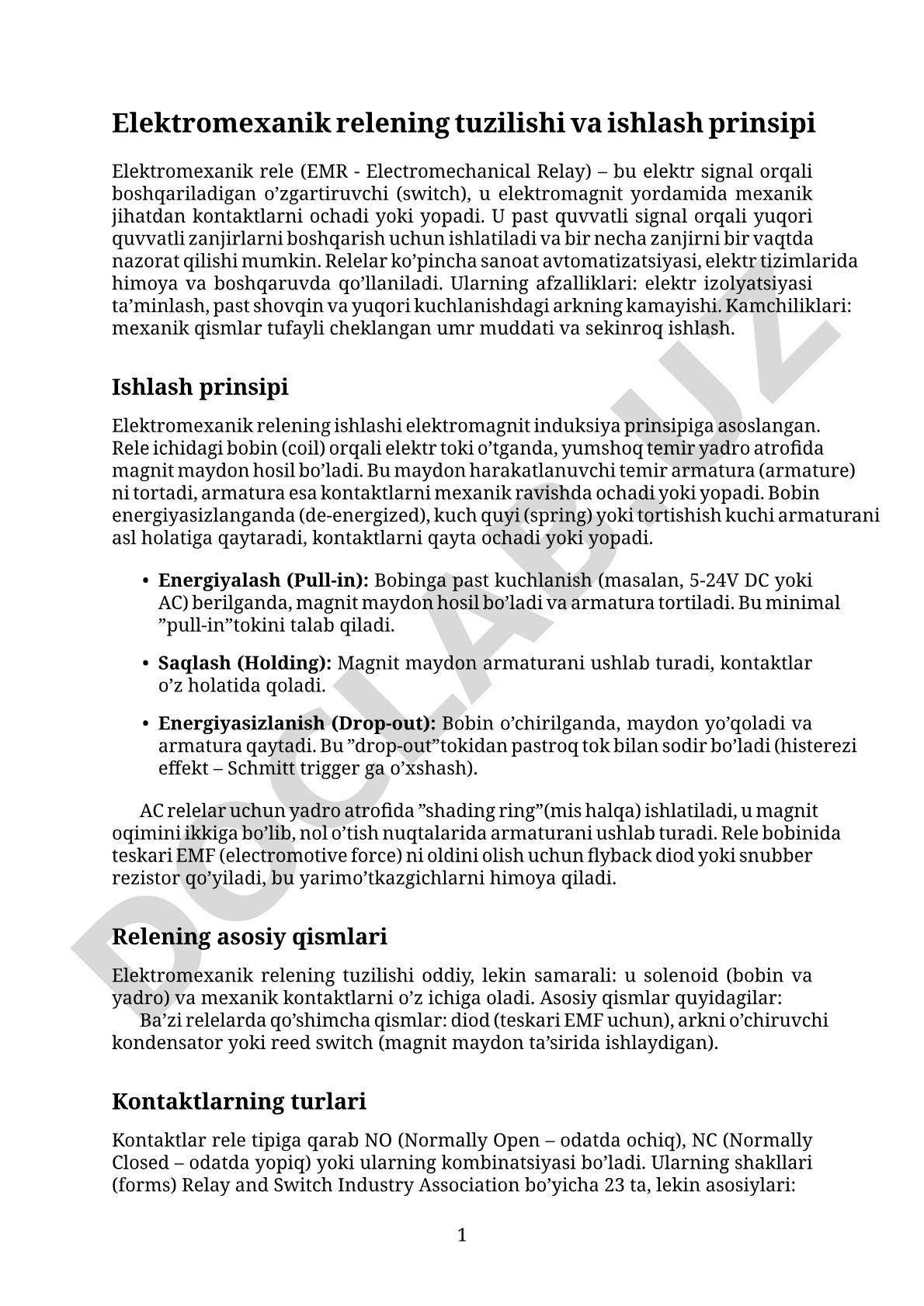 Elektromexanik relening tuzilishi va ishlashprinsipi