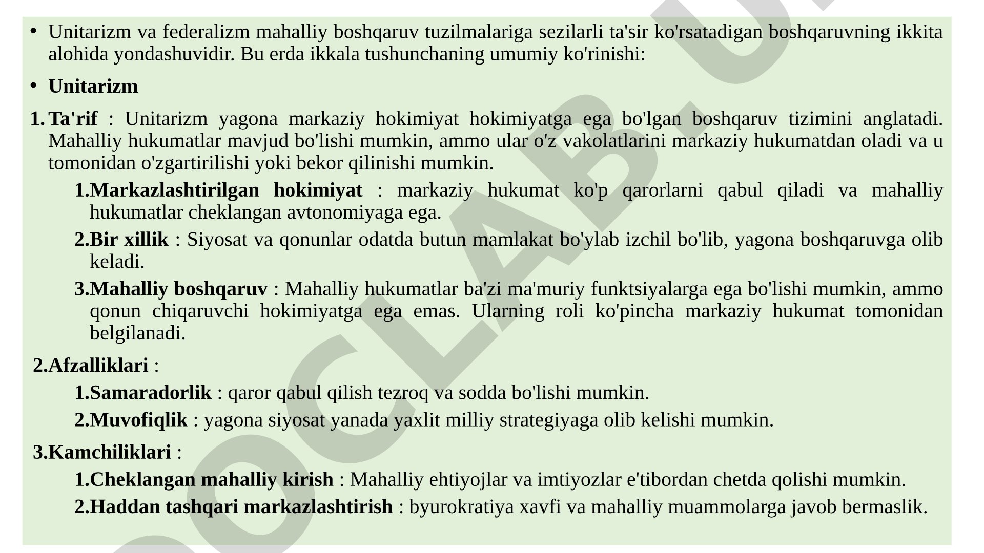 Unitarizm va federalizmning mahalliy boshqaruv tuzilmalariga ta'siri