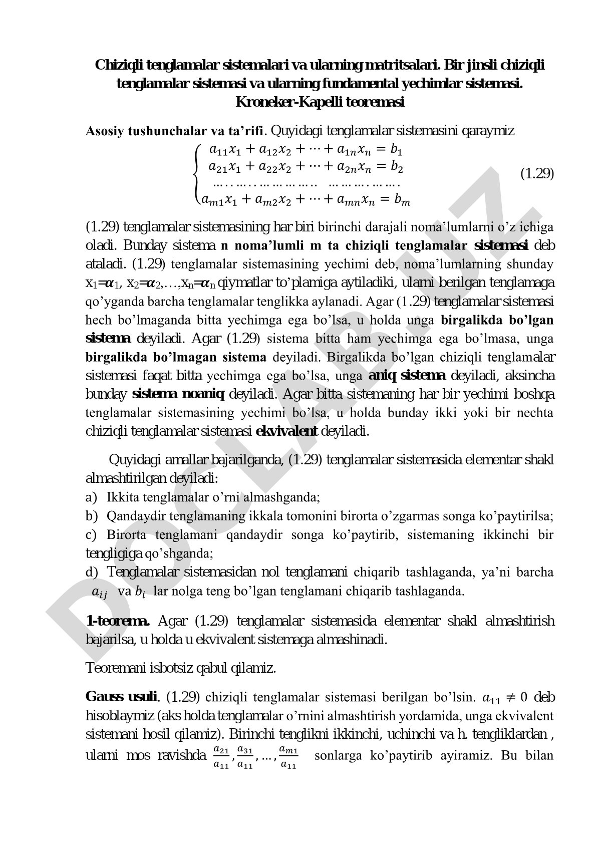 Chiziqli tenglamalar sistemalari va ularning matritsalari