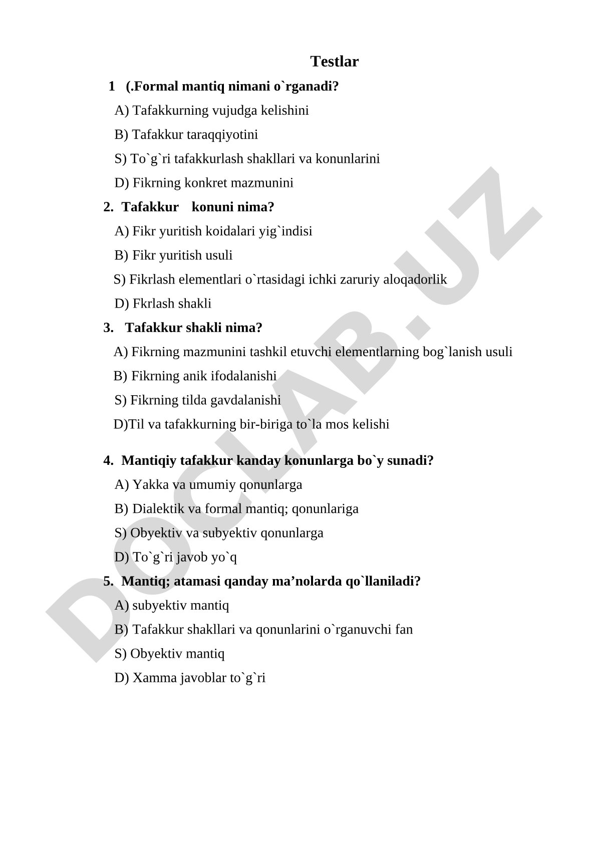 Formal mantiq test savollari