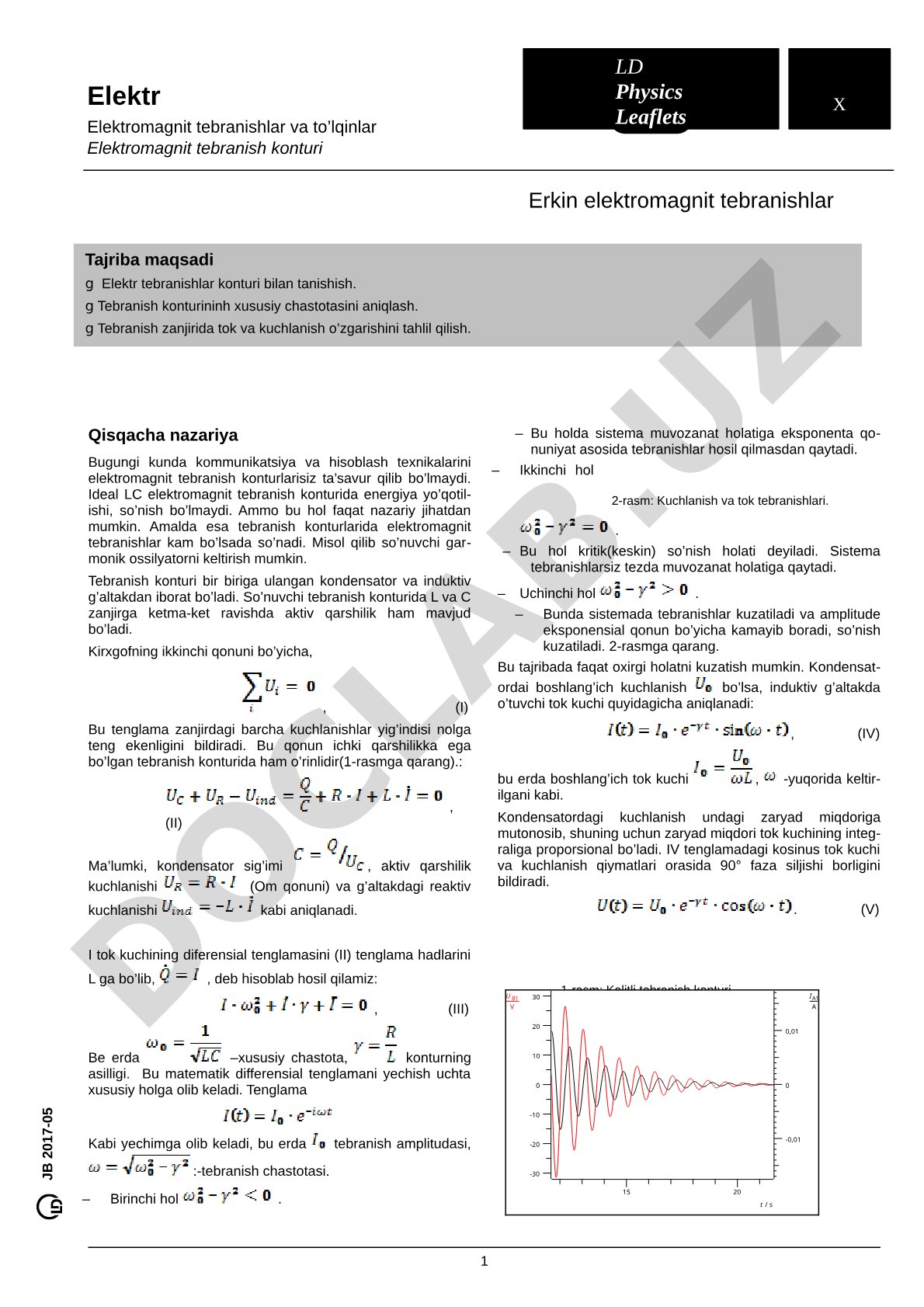 Elektr tebranish konturida erkin elektromagnit tebranishlar va xususiy chastotani