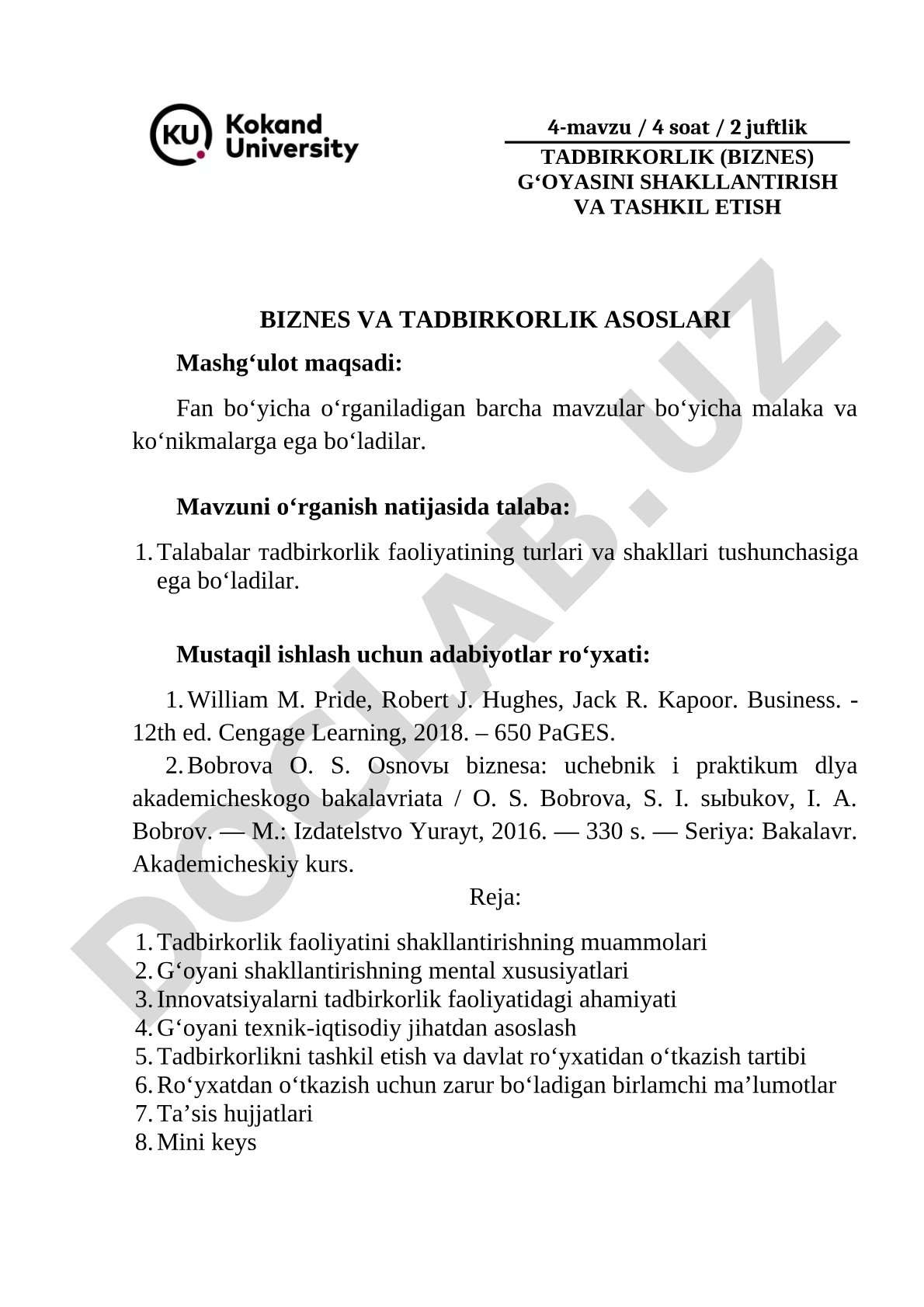 Tadbirkorlik (biznes) g'oyasini shakllantirish va tashkil etish