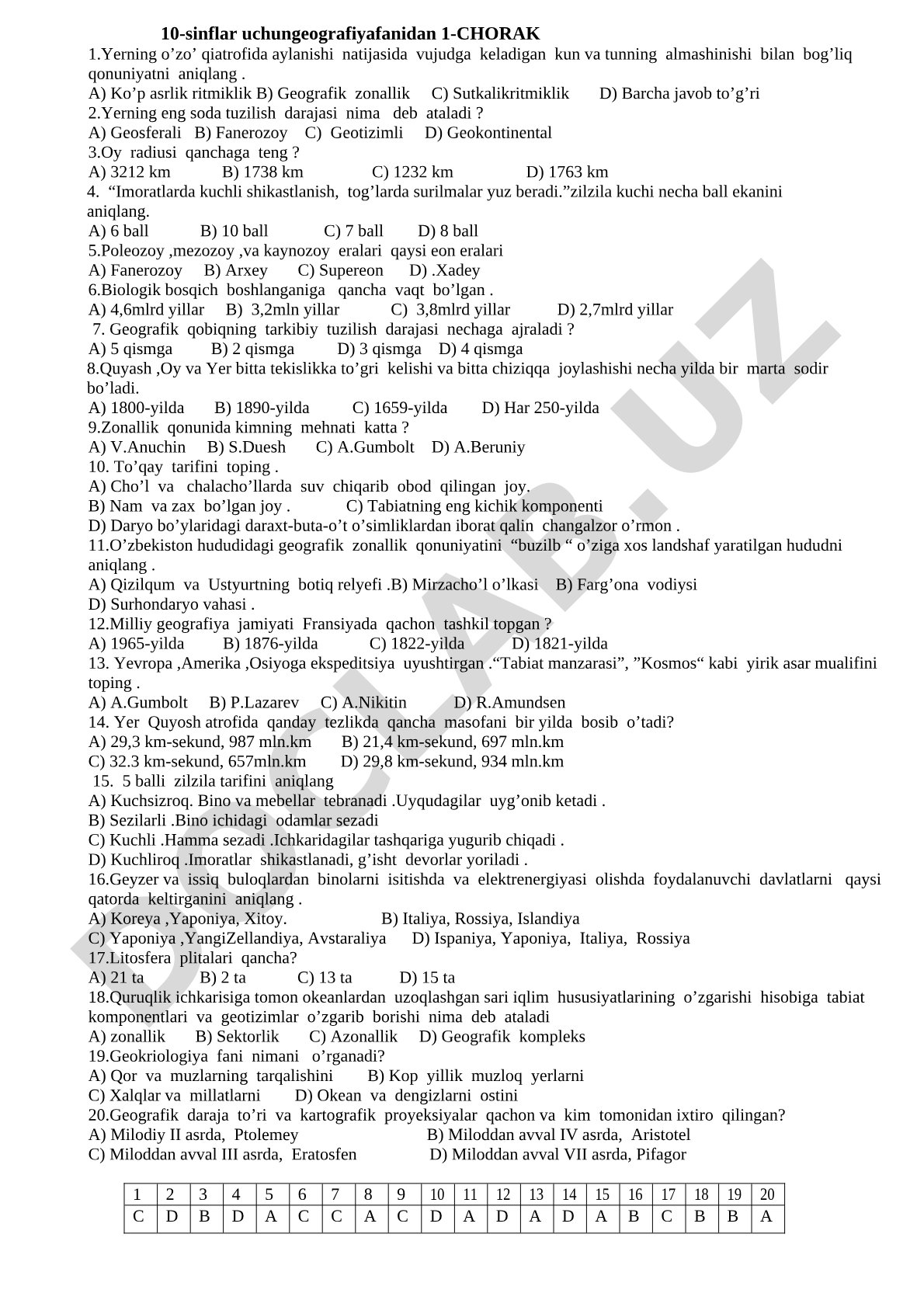 Geografiya fanidan 10-sinf 1-chorak test savollari