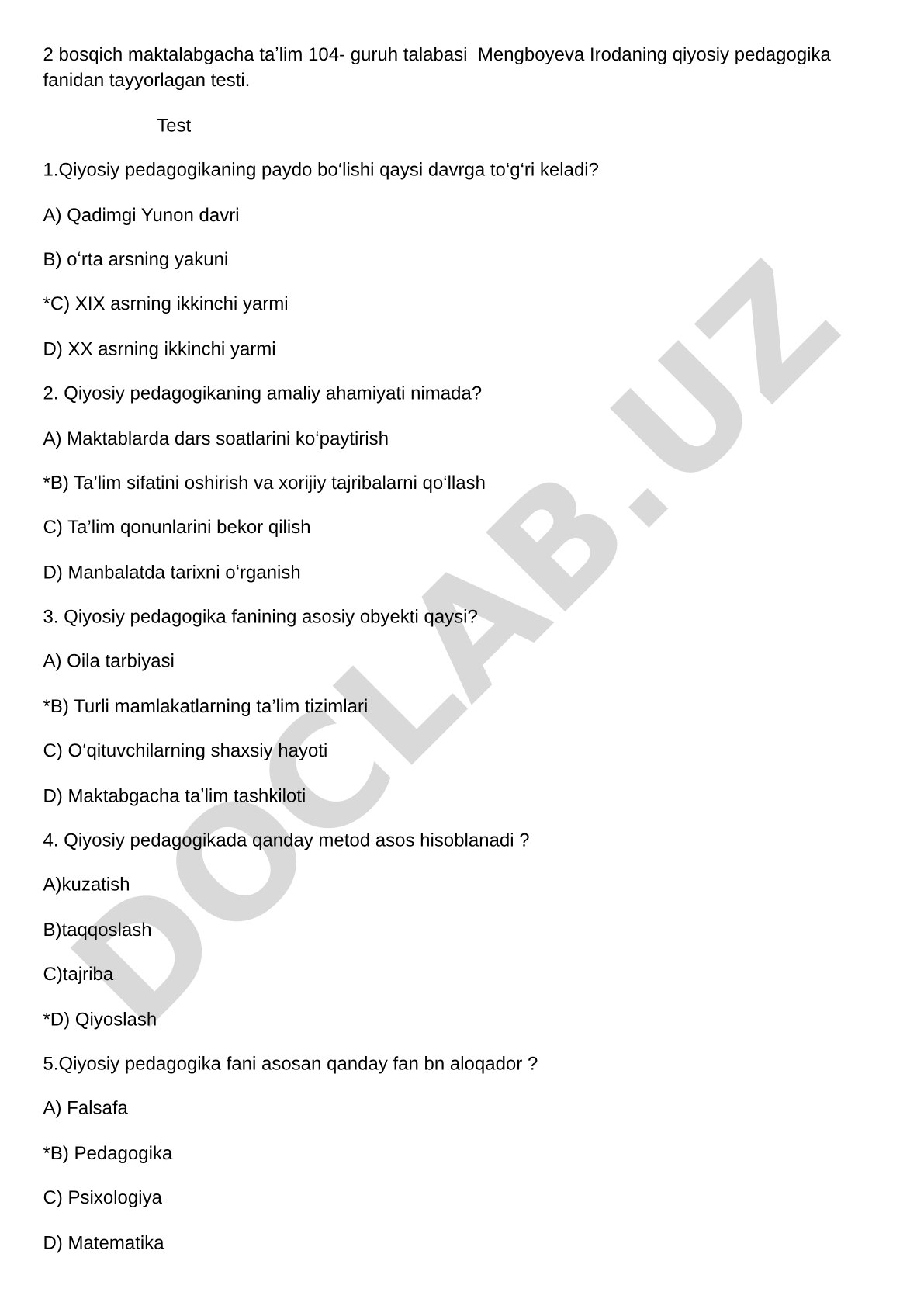Qiyosiy pedagogika fanidan test savollari