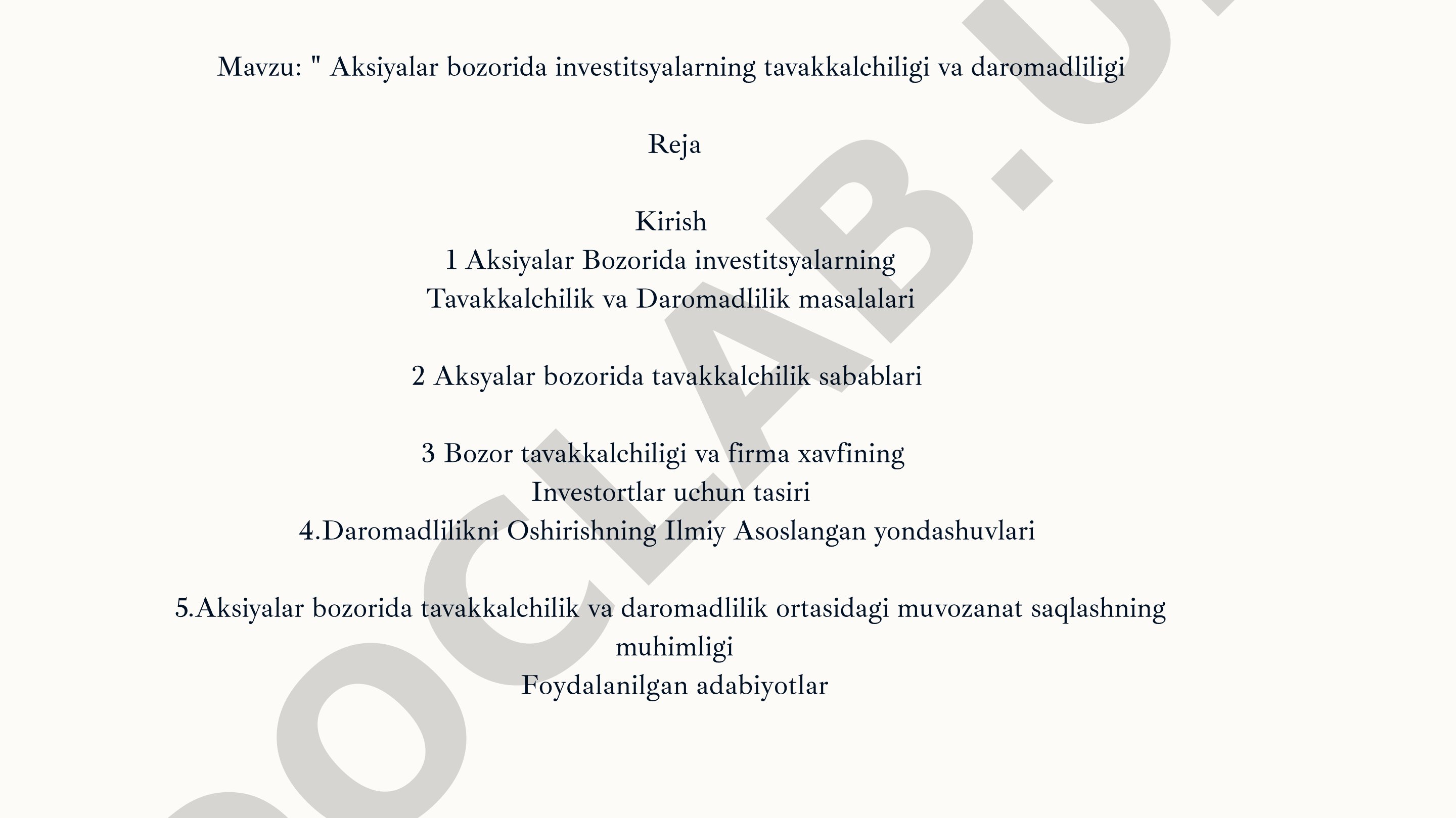 Aksiyalar bozorida investitsyalarning tavakkalchiligi va daromadliligi