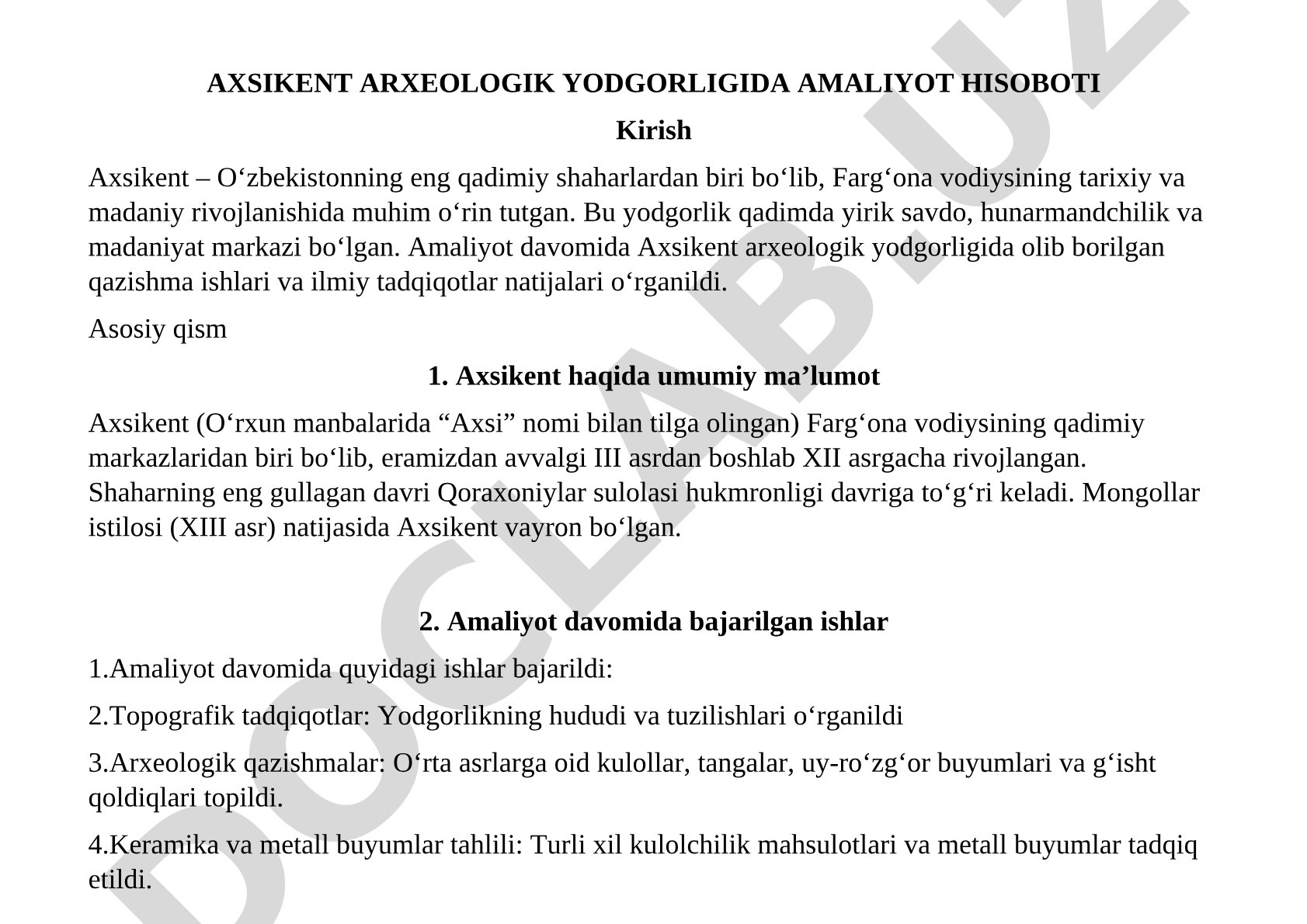 Axsikent arxeologik yodgorligida amaliyot hisoboti
