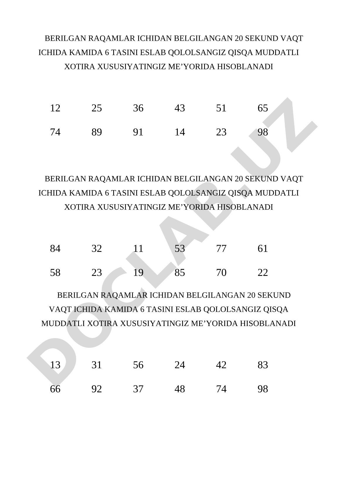 Qisqa muddatli xotira testi (raqamlar yordamida)