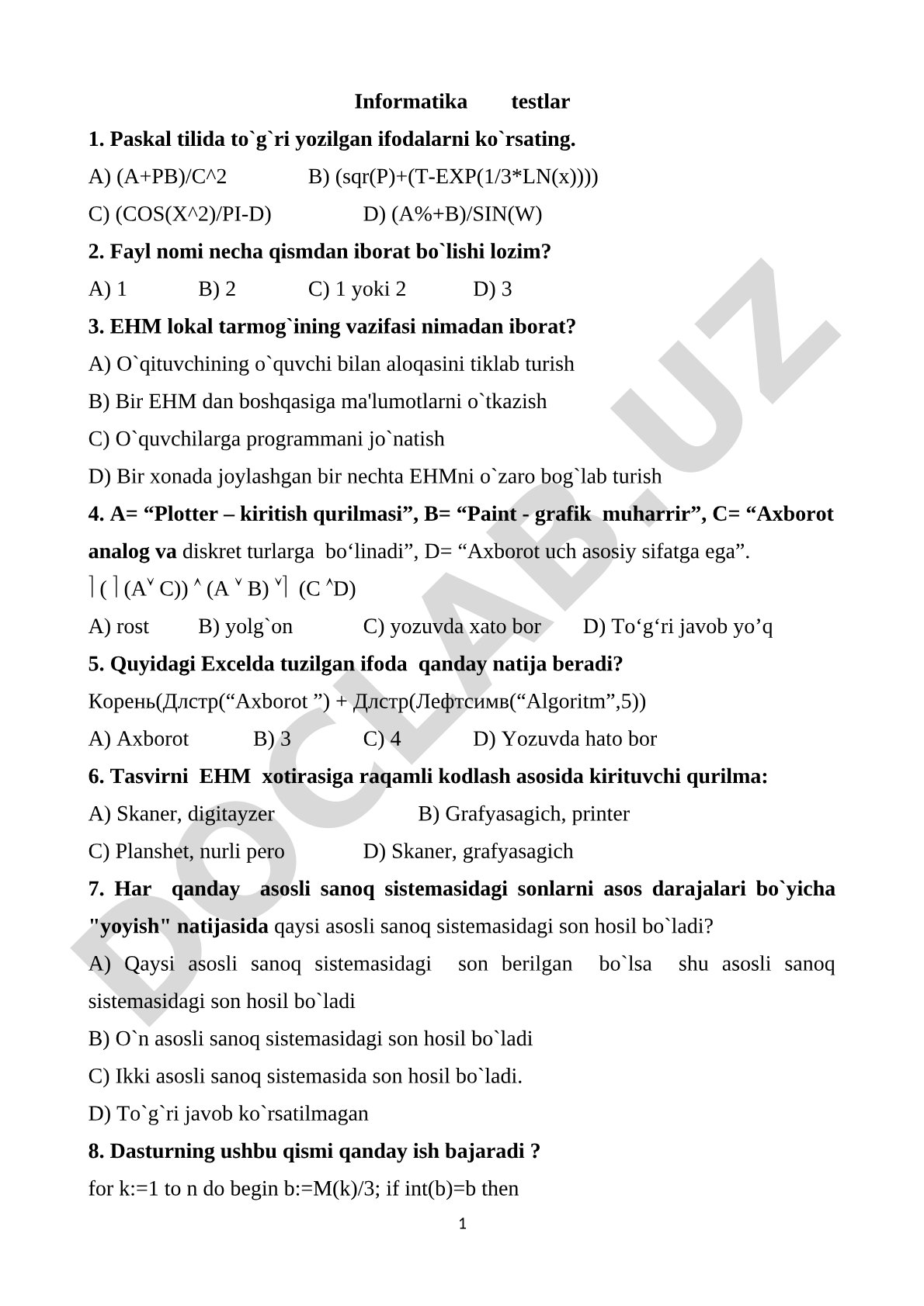 Informatika fanidan Paskal, Excel, tarmoq va boshqa mavzular bo'yicha test savollari