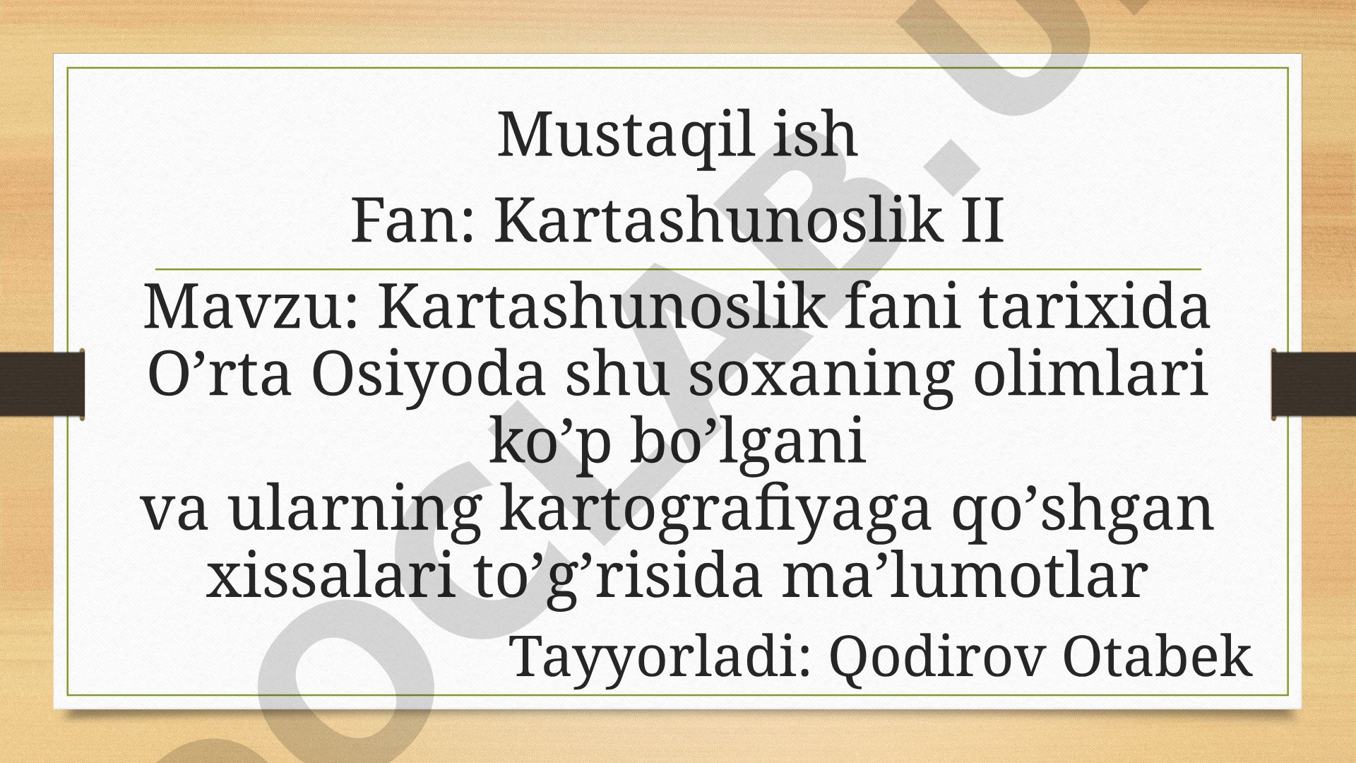 Kartashunoslik fani tarixida O'rta Osiyoda shu soxaning olimlari ko'p bo'lgani va ularning kartografiyaga qo'shgan xissalari