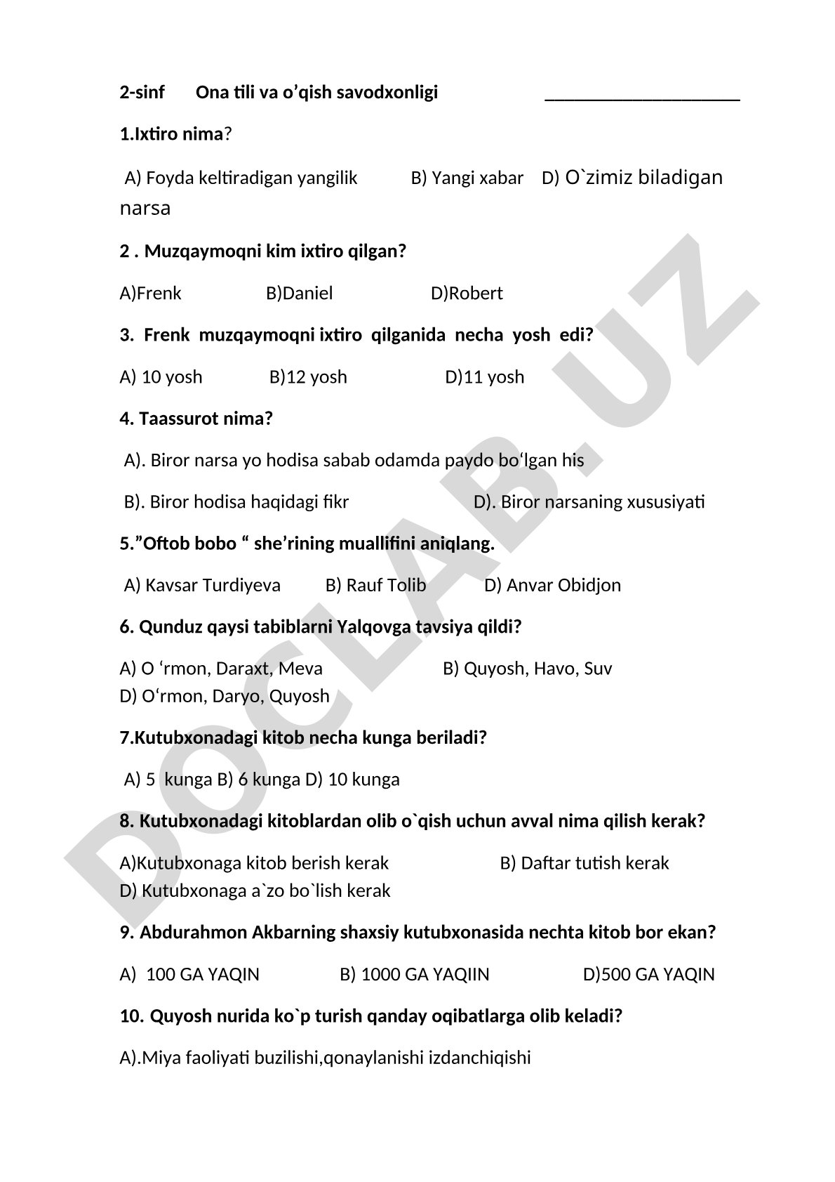 2-sinf Ona tili va o'qish savodxonligi testi