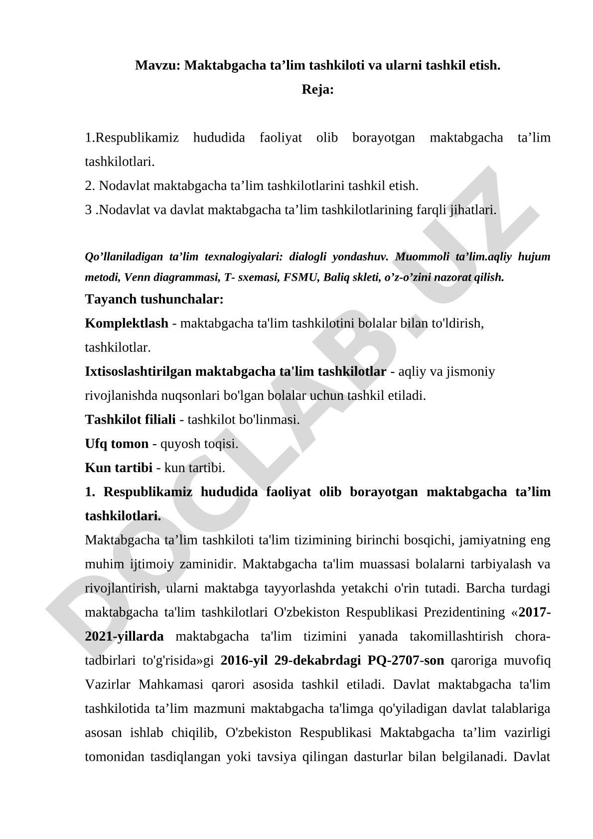 Maktabgacha ta’lim tashkiloti va ularni tashkil etish