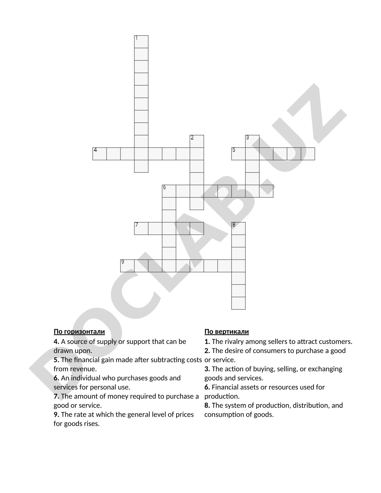 Crossword puzzle with clues about economic concepts like supply, demand, profit, and