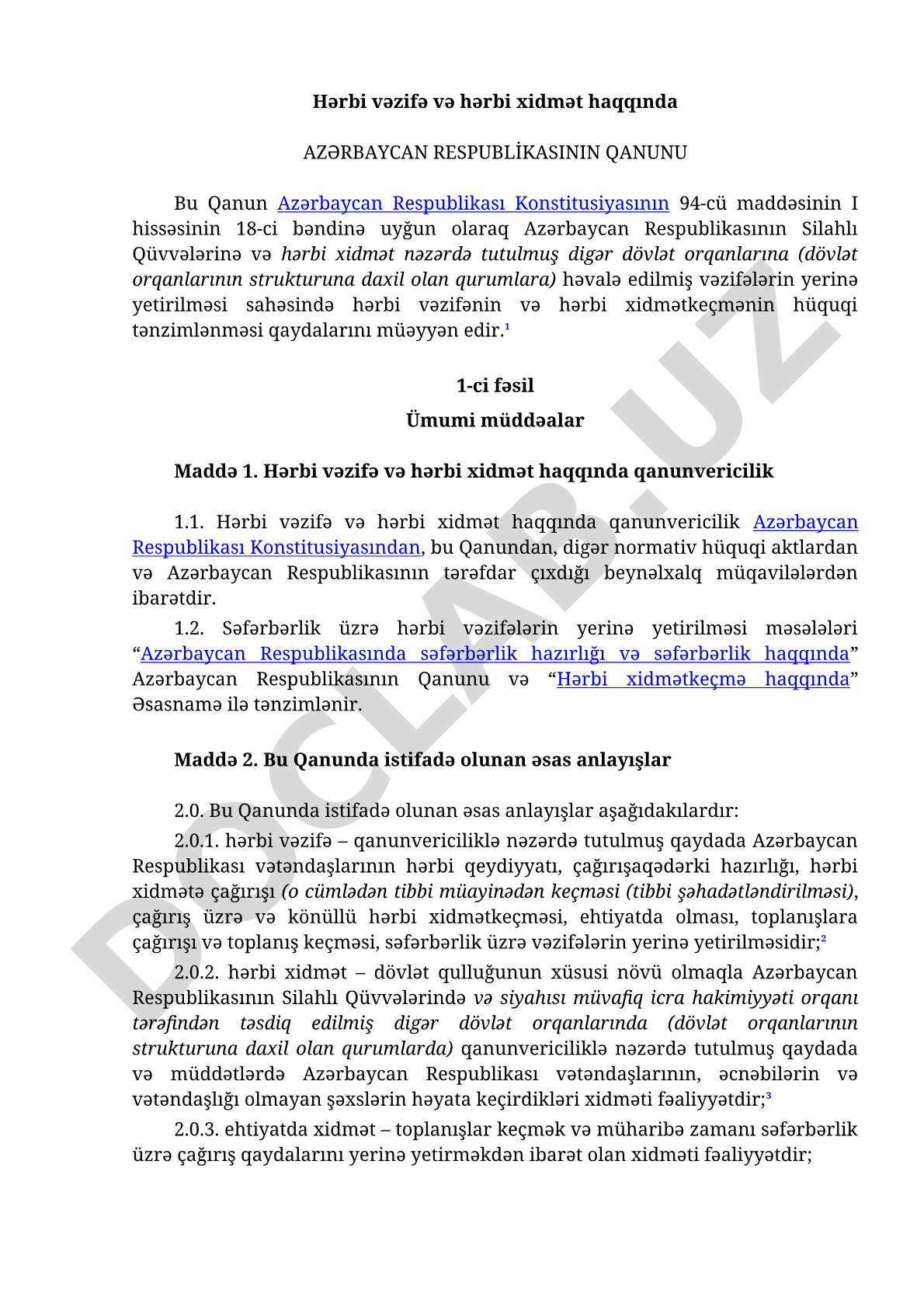 Hərbi vəzifə və hərbi xidmət haqqında Azərbaycan Respublikasının Qanunu