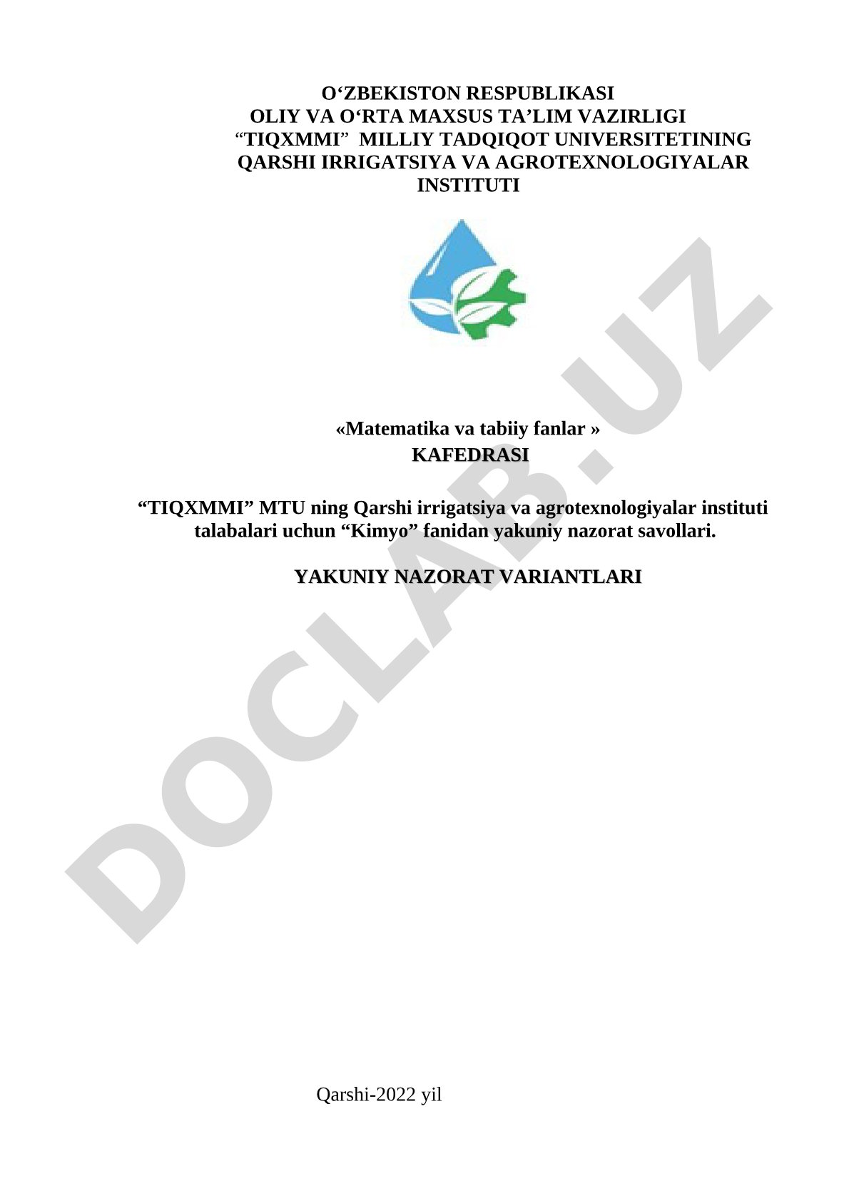 Kimyo fanidan yakuniy nazorat savollari