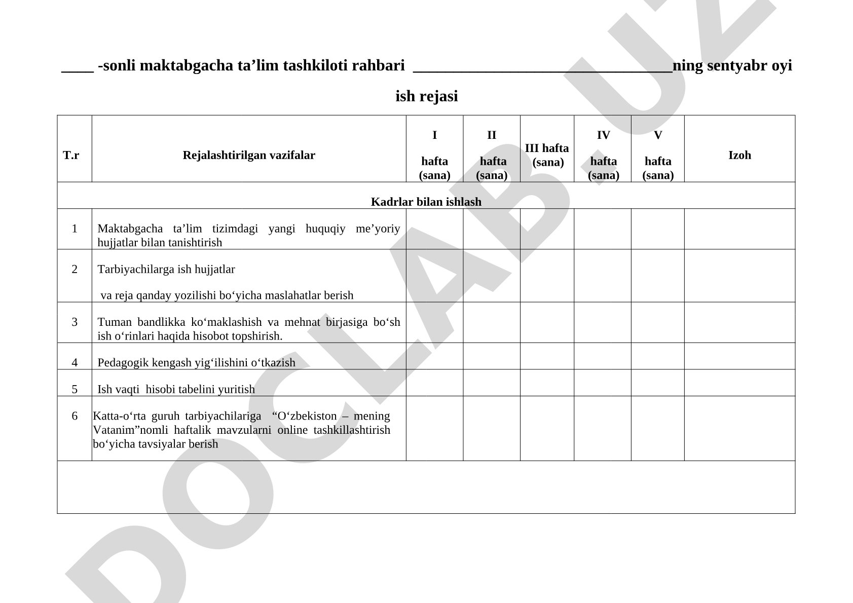 Maktabgacha ta’lim tashkiloti rahbari sentyabr oyi ish rejasi