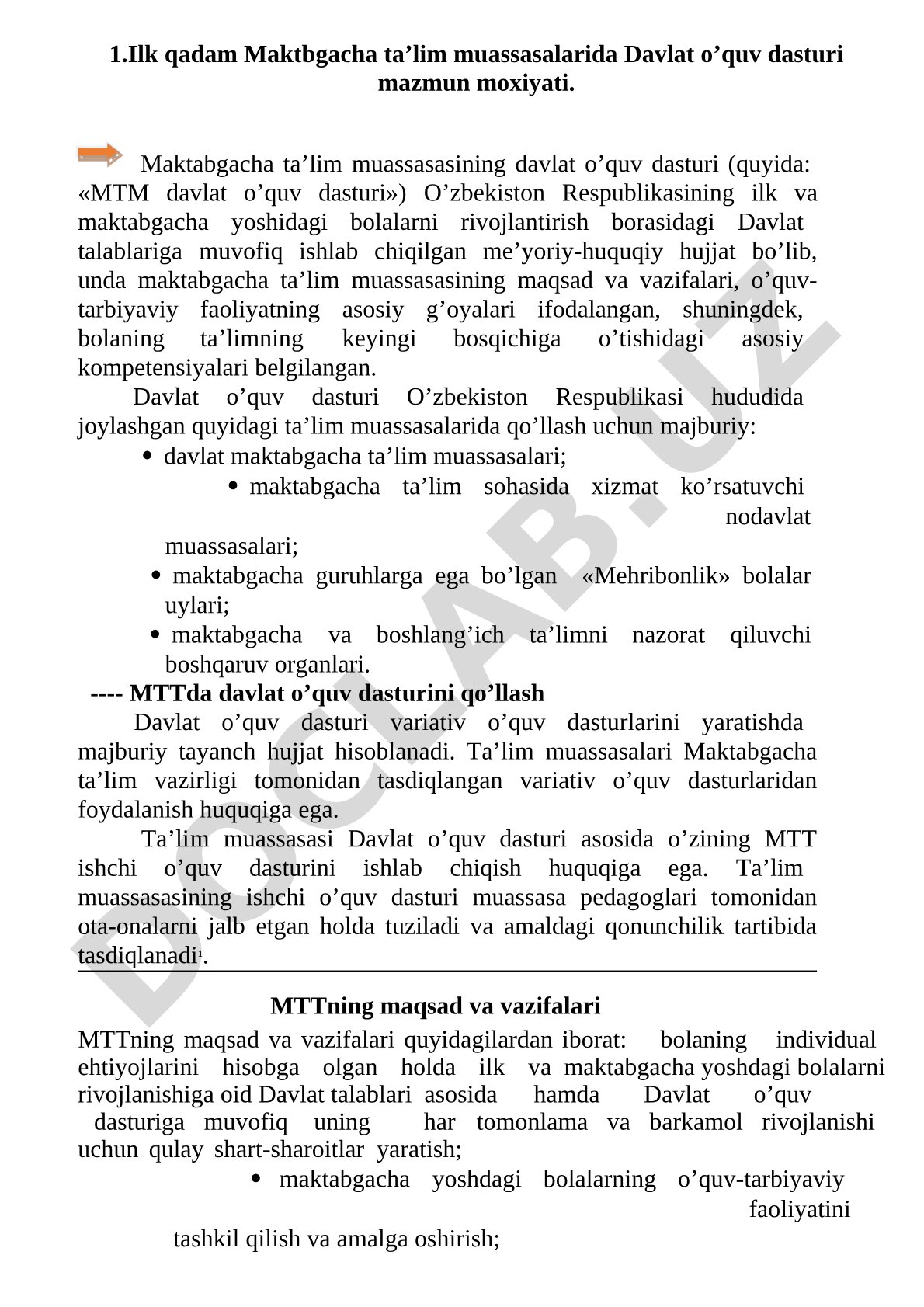 Maktabgacha ta’lim muassasalarida Davlat o’quv dasturi mazmuni