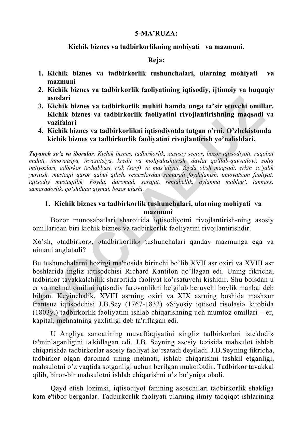 Kichik biznes va tadbirkorlikning mohiyati va mazmuni