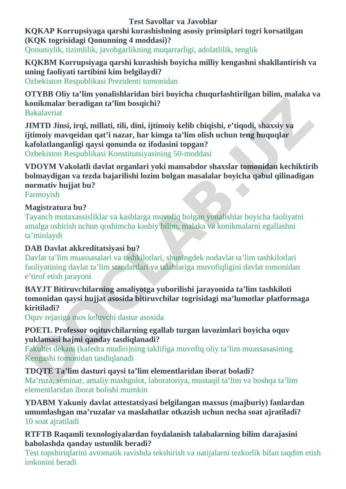 Korrupsiyaga qarshi kurashish prinsiplari va ta'limga oid test savollari