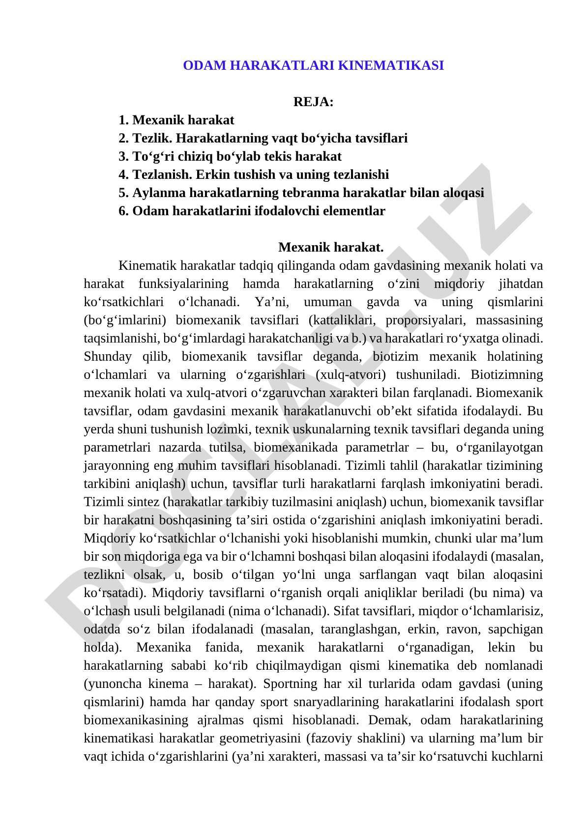 Odam harakatlari: mexanik harakat, tezlik, tezlanish, erkin tushish, aylanma va tebranma