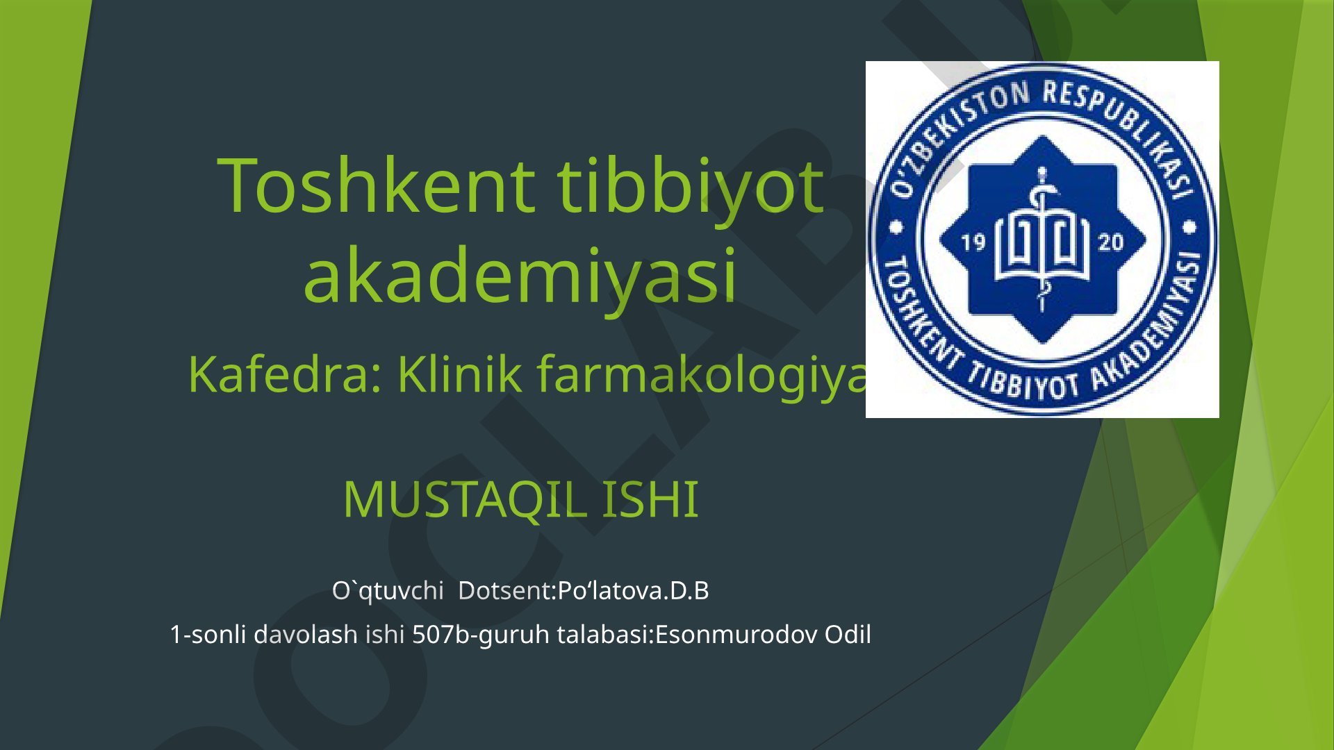Anemiya sindromini ratsionar davolashda klinik farmakologik yondashuv