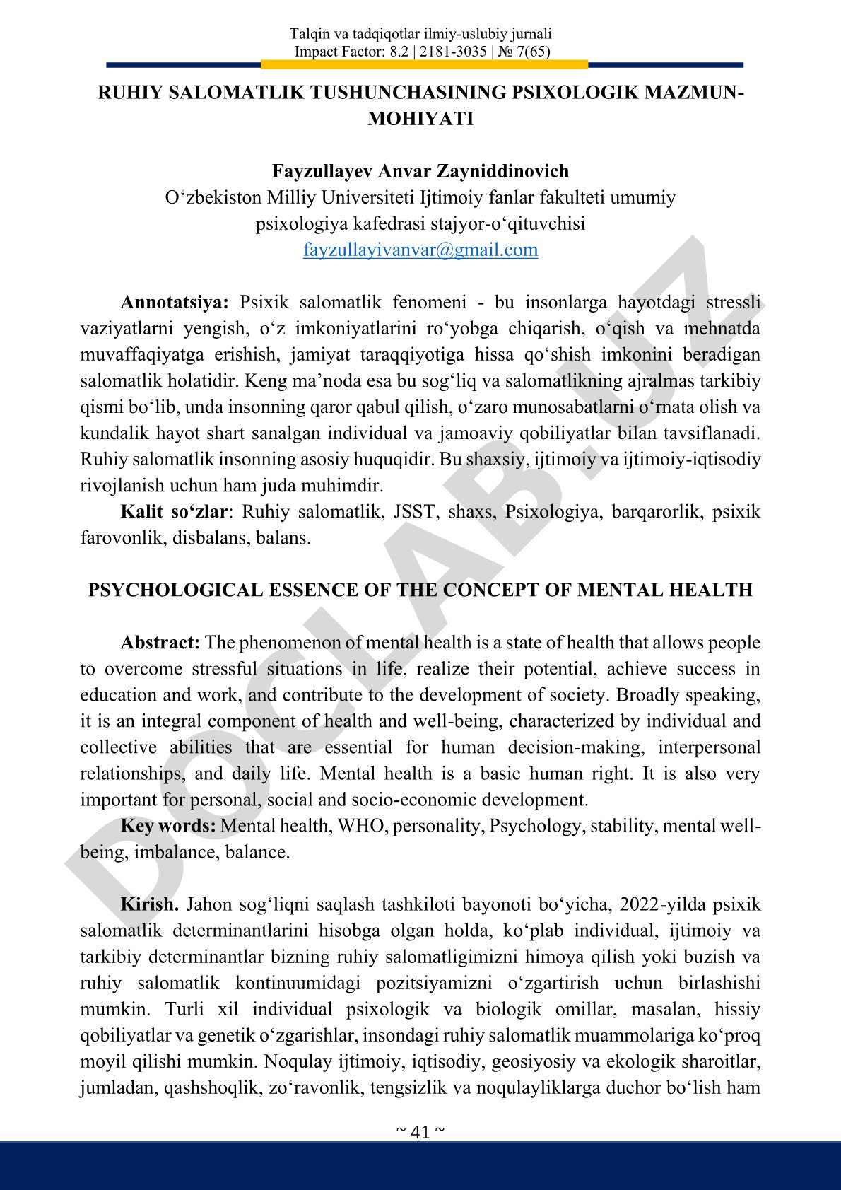 Ruhiy salomatlik tushunchasining psixologik mazmun-mohiyati
